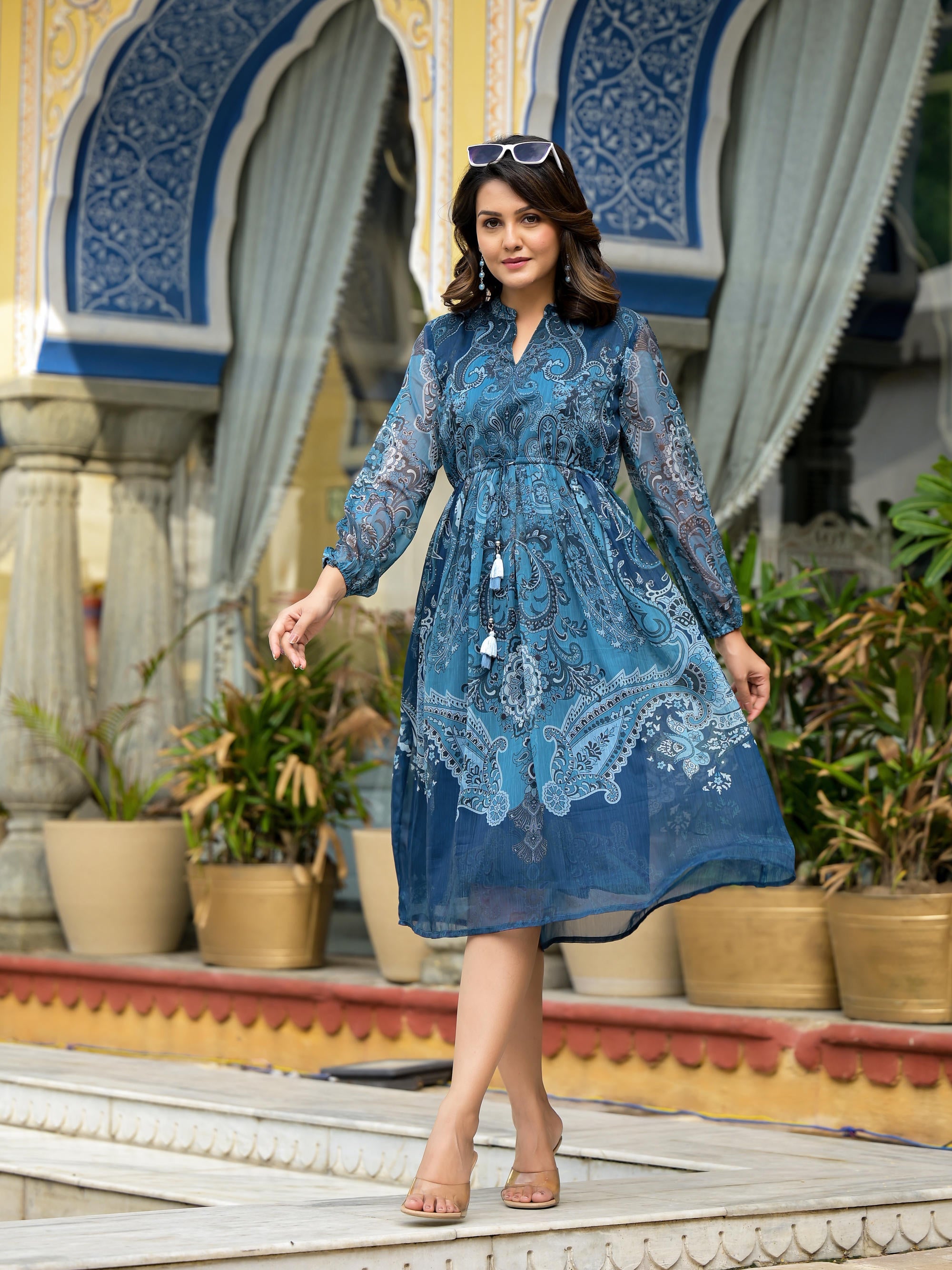Indigo Ethnic Motif Printed Chiffon Dress With Tassels & Doris