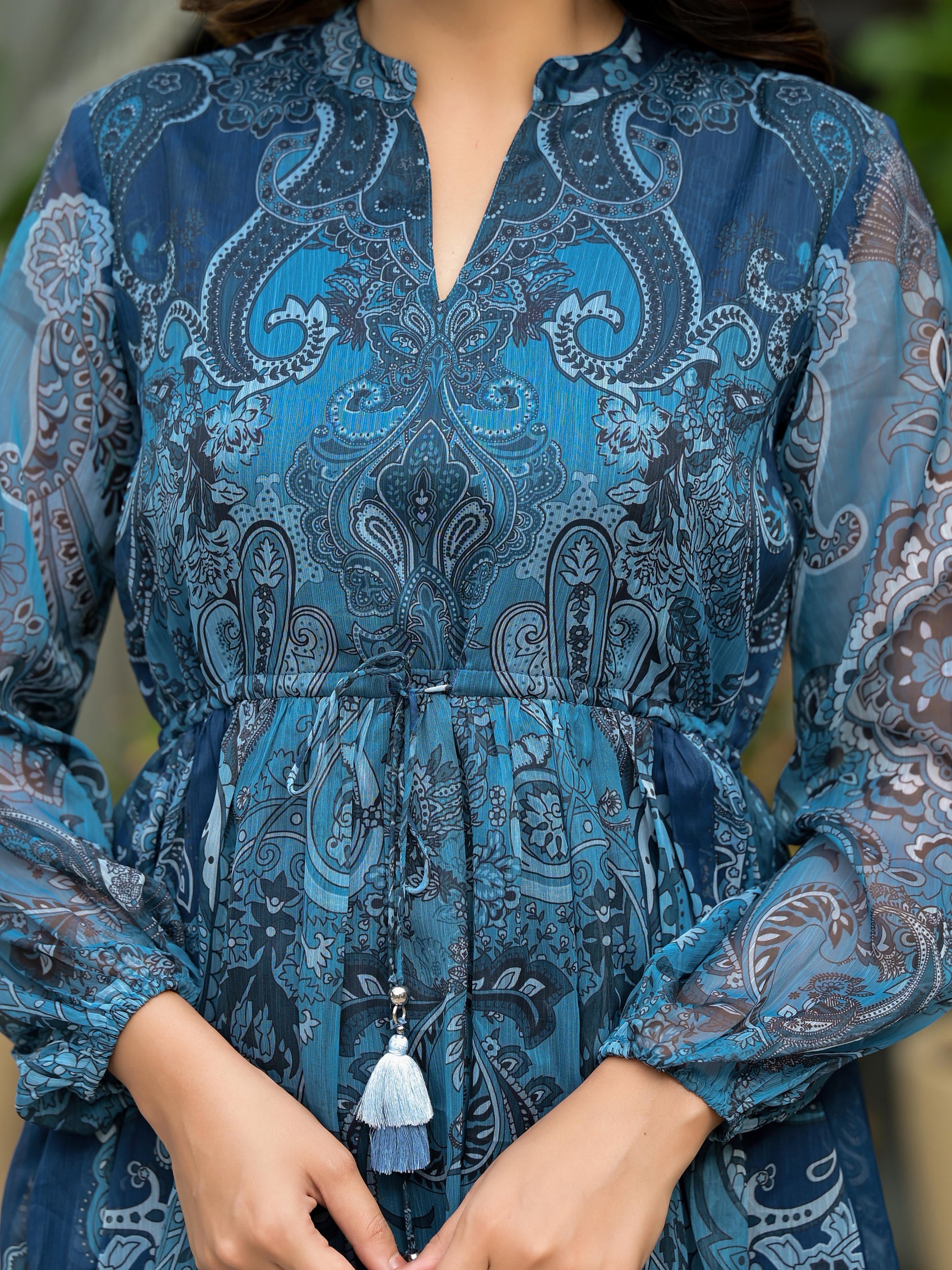 Indigo Ethnic Motif Printed Chiffon Dress With Tassels & Doris