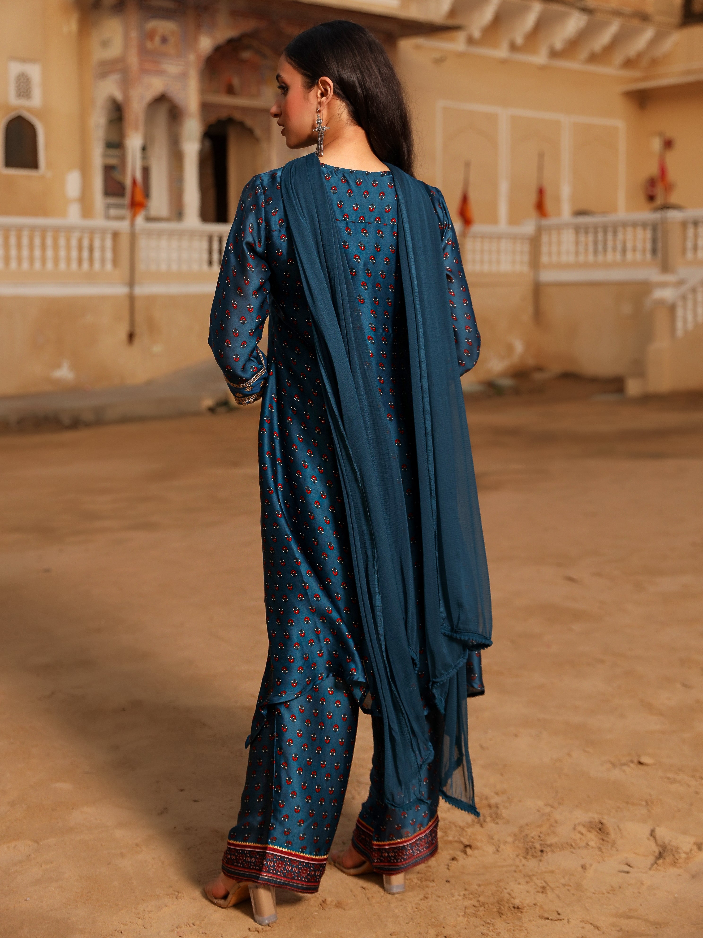 The Patang Blue Ethnic Motif Printed Satin Kurta Pant And Dupatta With Zari & Mirror Work