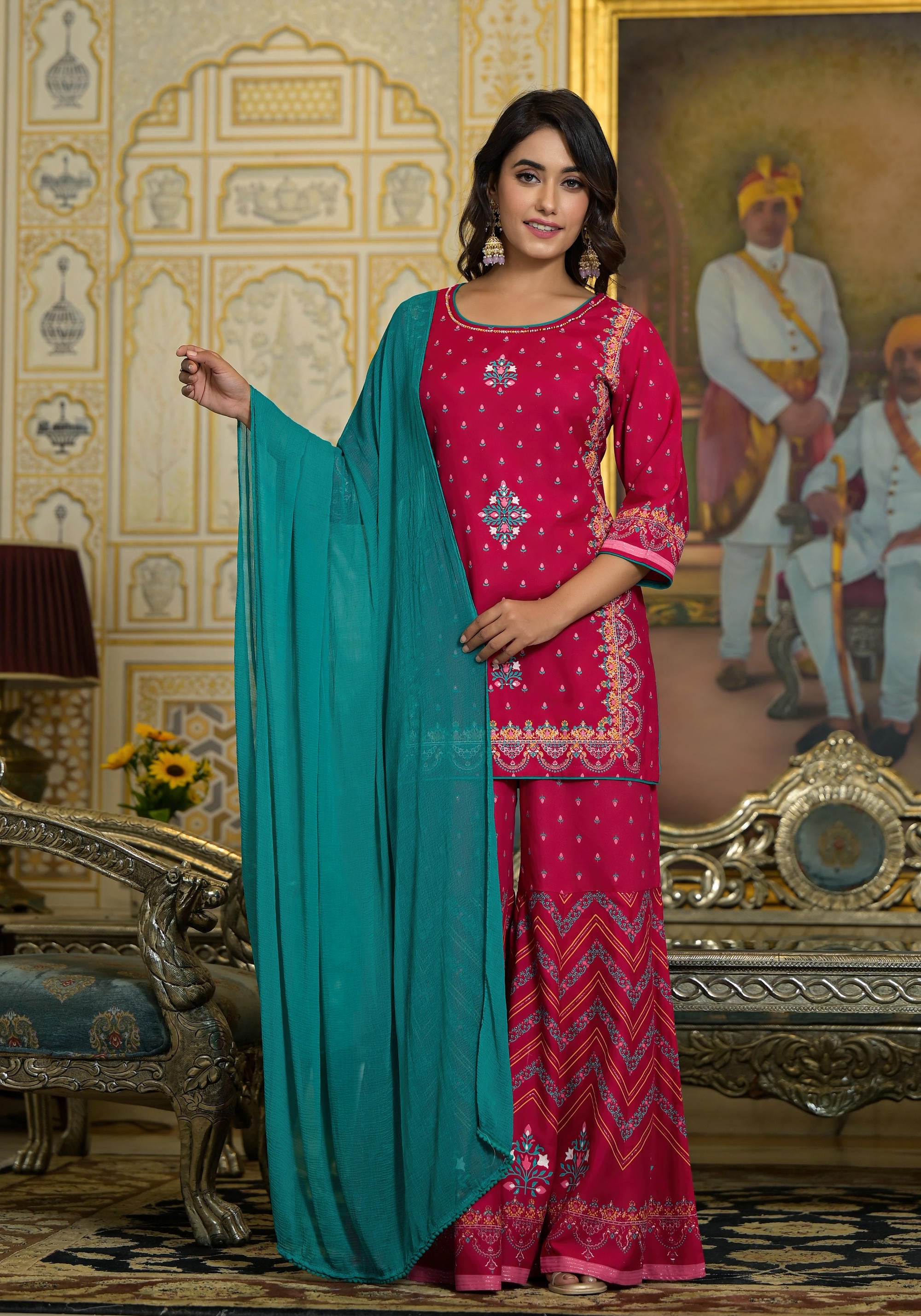 Fuchsia Ethnic Motif Printed Liva Rayon Tunic Sharara and Dupatta Set With Sequins & Gota Patti Work