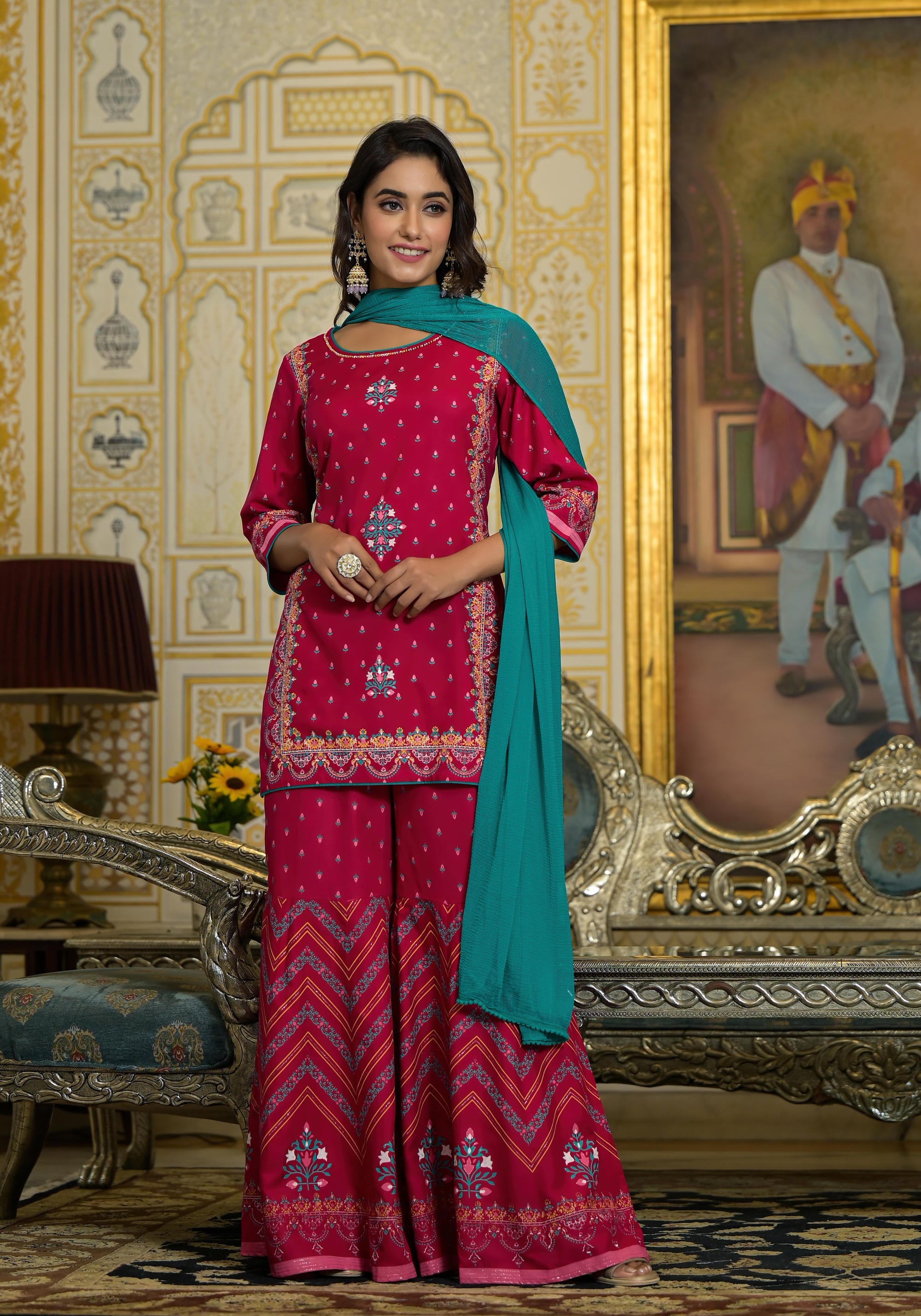 Fuchsia Ethnic Motif Printed Liva Rayon Tunic Sharara and Dupatta Set With Sequins & Gota Patti Work