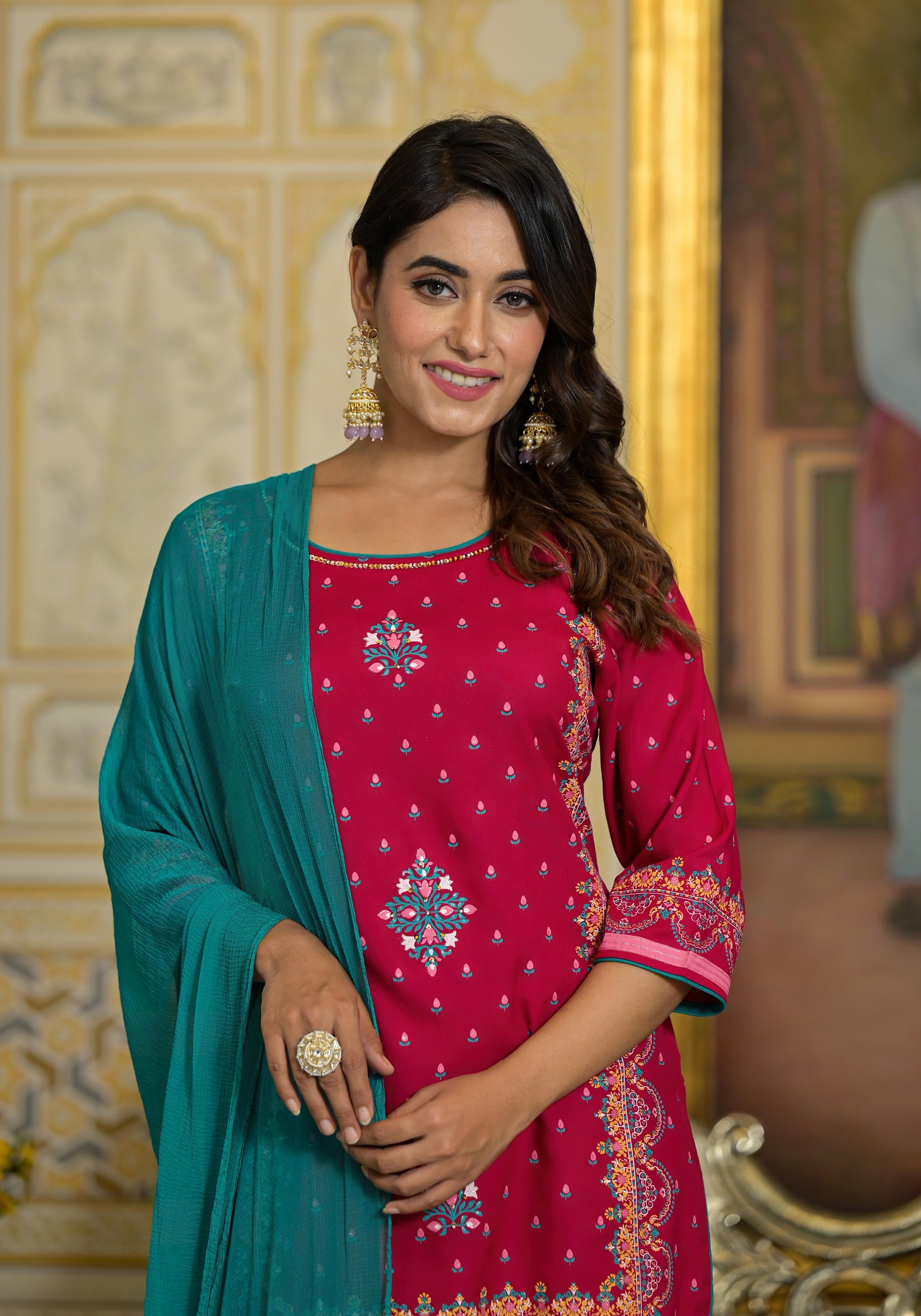 Fuchsia Ethnic Motif Printed Liva Rayon Tunic Sharara and Dupatta Set With Sequins & Gota Patti Work