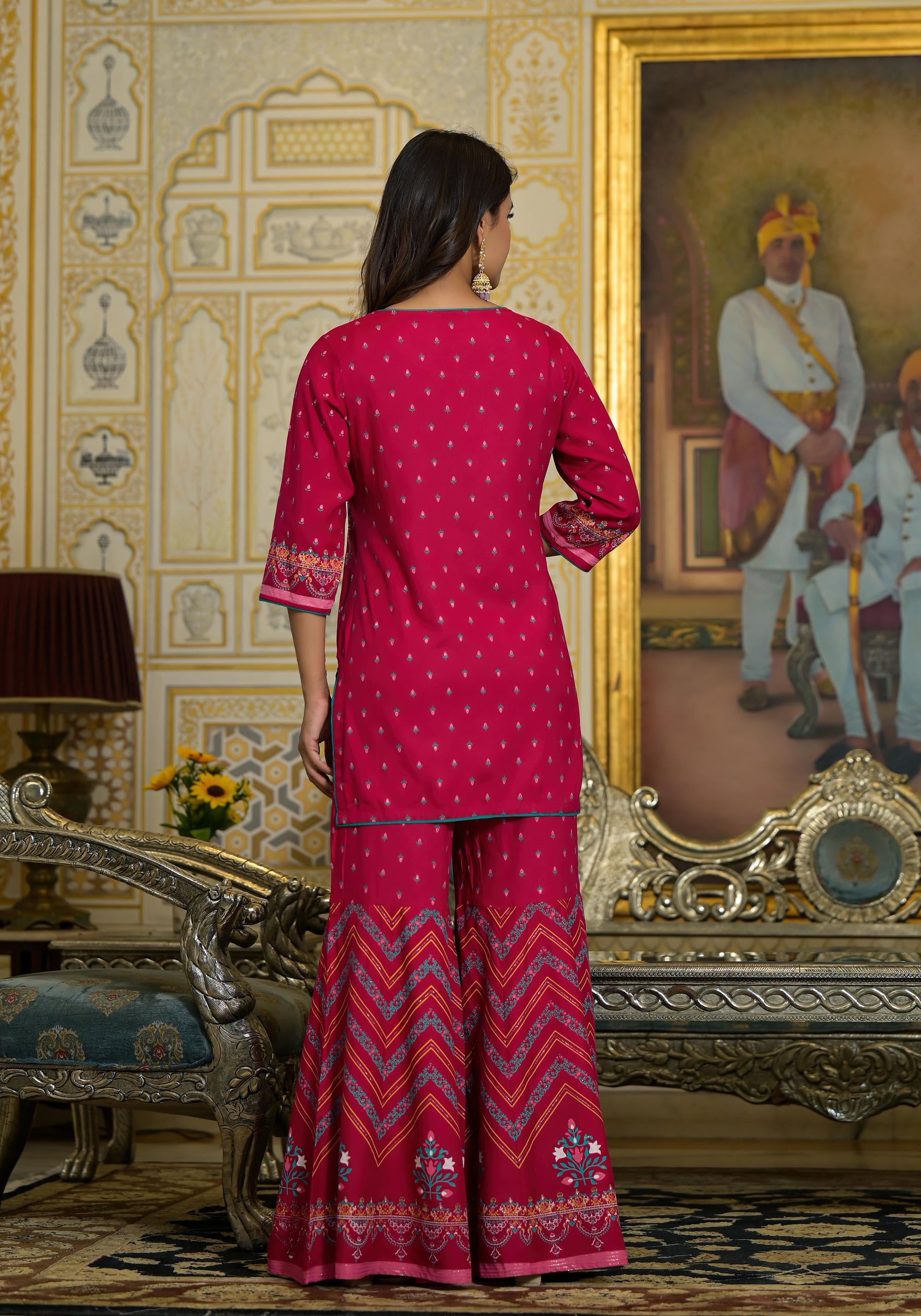Fuchsia Ethnic Motif Printed Liva Rayon Tunic Sharara and Dupatta Set With Sequins & Gota Patti Work