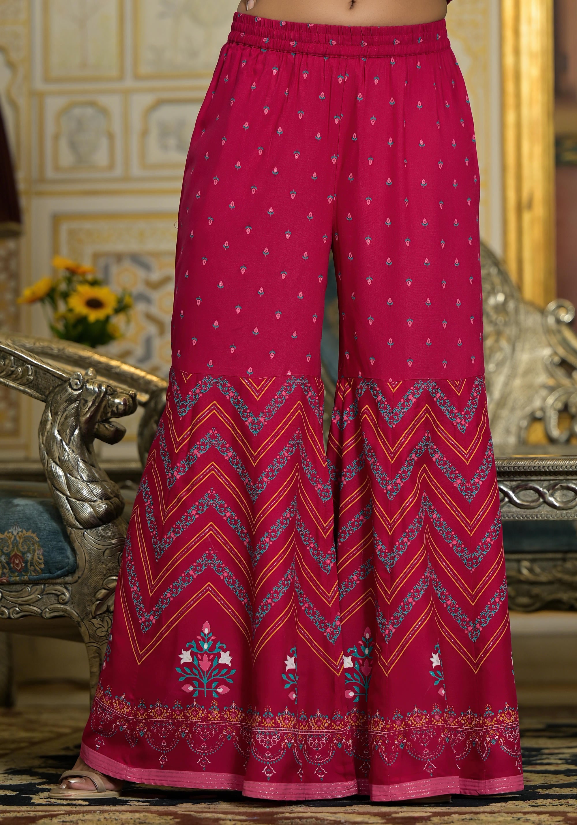 Fuchsia Ethnic Motif Printed Liva Rayon Tunic Sharara and Dupatta Set With Sequins & Gota Patti Work