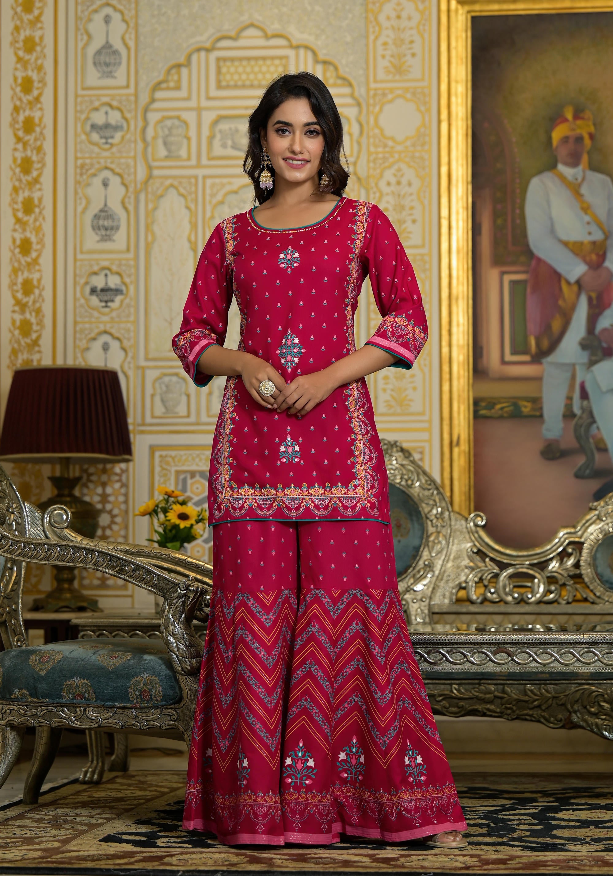 Fuchsia Ethnic Motif Printed Liva Rayon Tunic Sharara and Dupatta Set With Sequins & Gota Patti Work