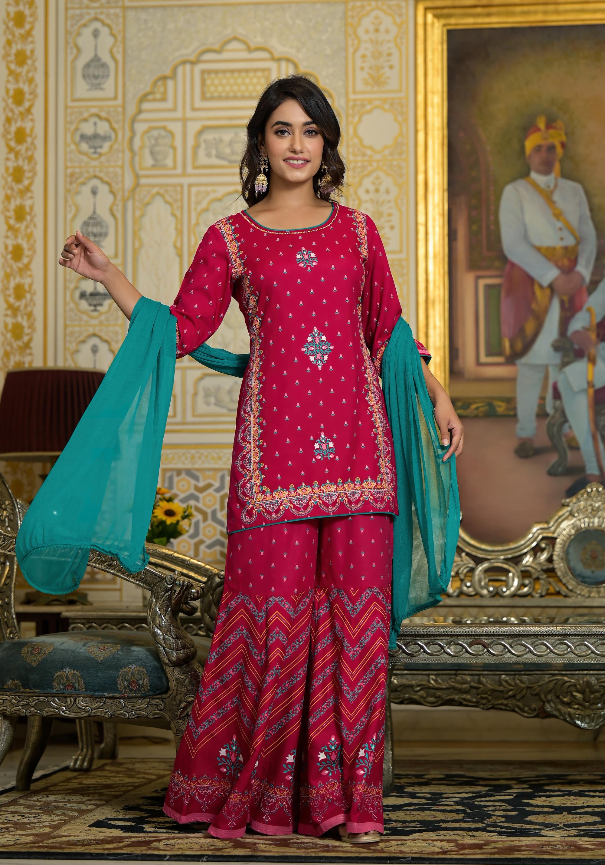 Fuchsia Ethnic Motif Printed Liva Rayon Tunic Sharara and Dupatta Set With Sequins & Gota Patti Work