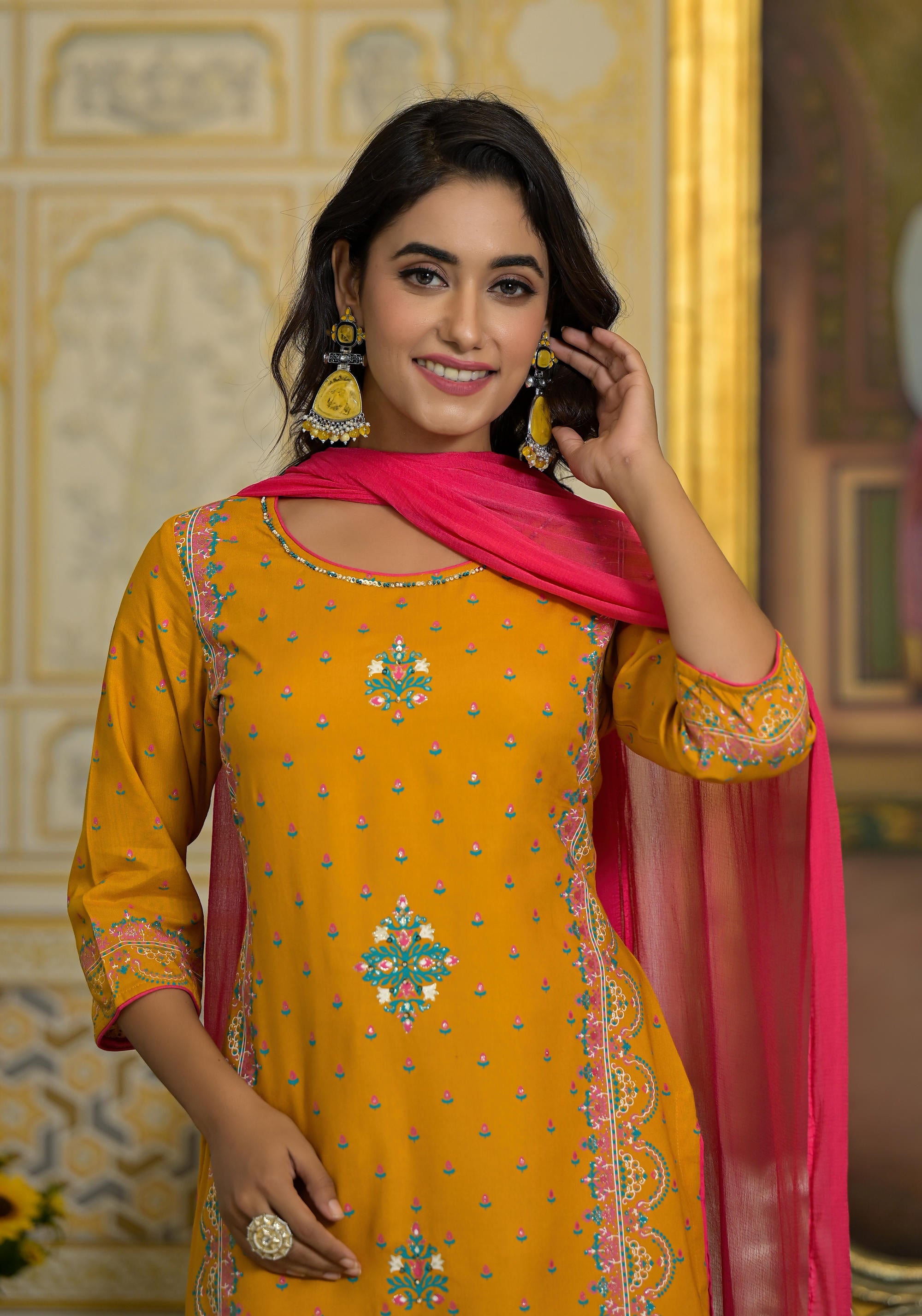 Mustard Ethnic Motif Printed Liva Rayon Tunic Sharara And Dupatta Set With Sequins & Gota Patti Work