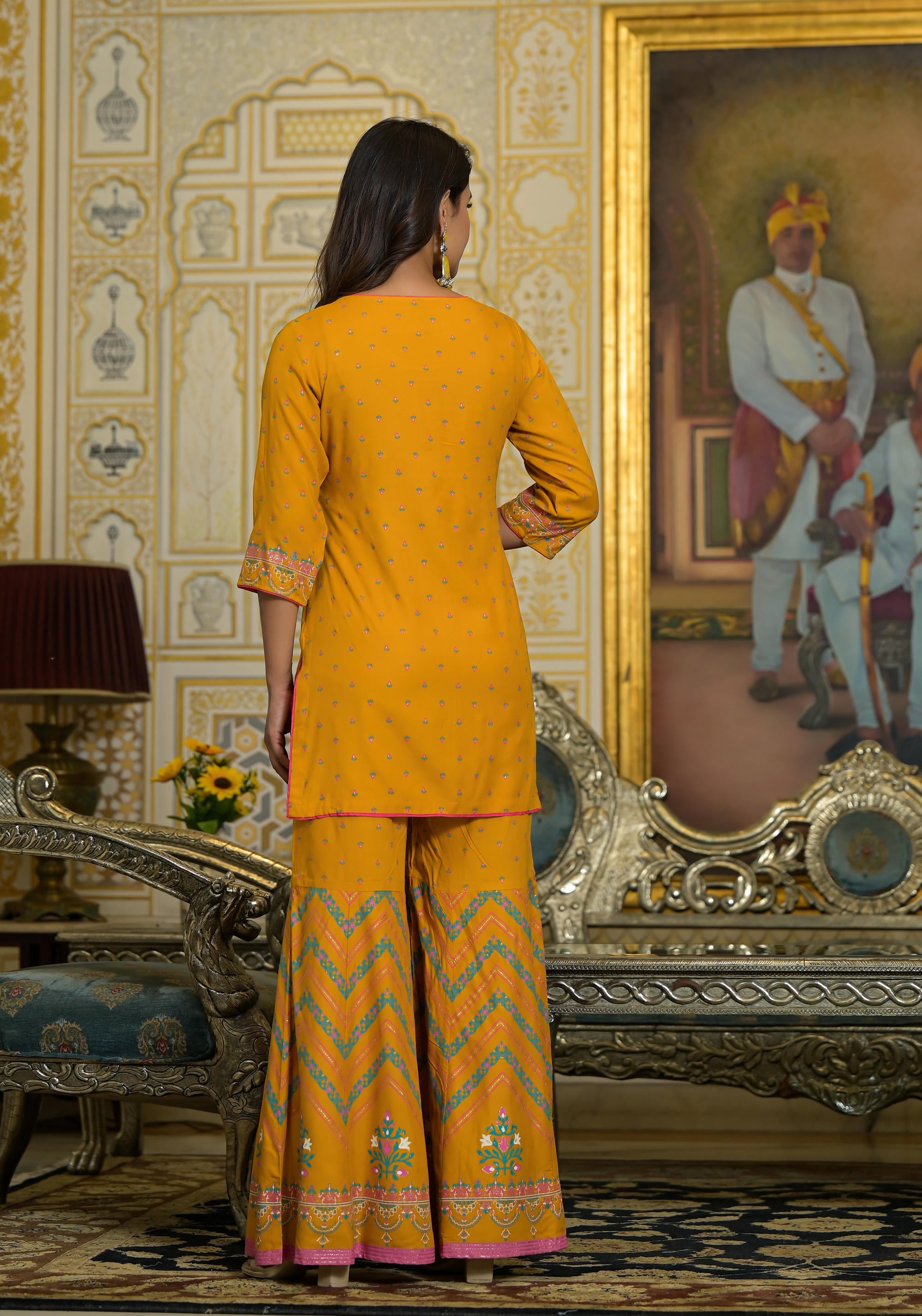 Mustard Ethnic Motif Printed Liva Rayon Tunic Sharara And Dupatta Set With Sequins & Gota Patti Work