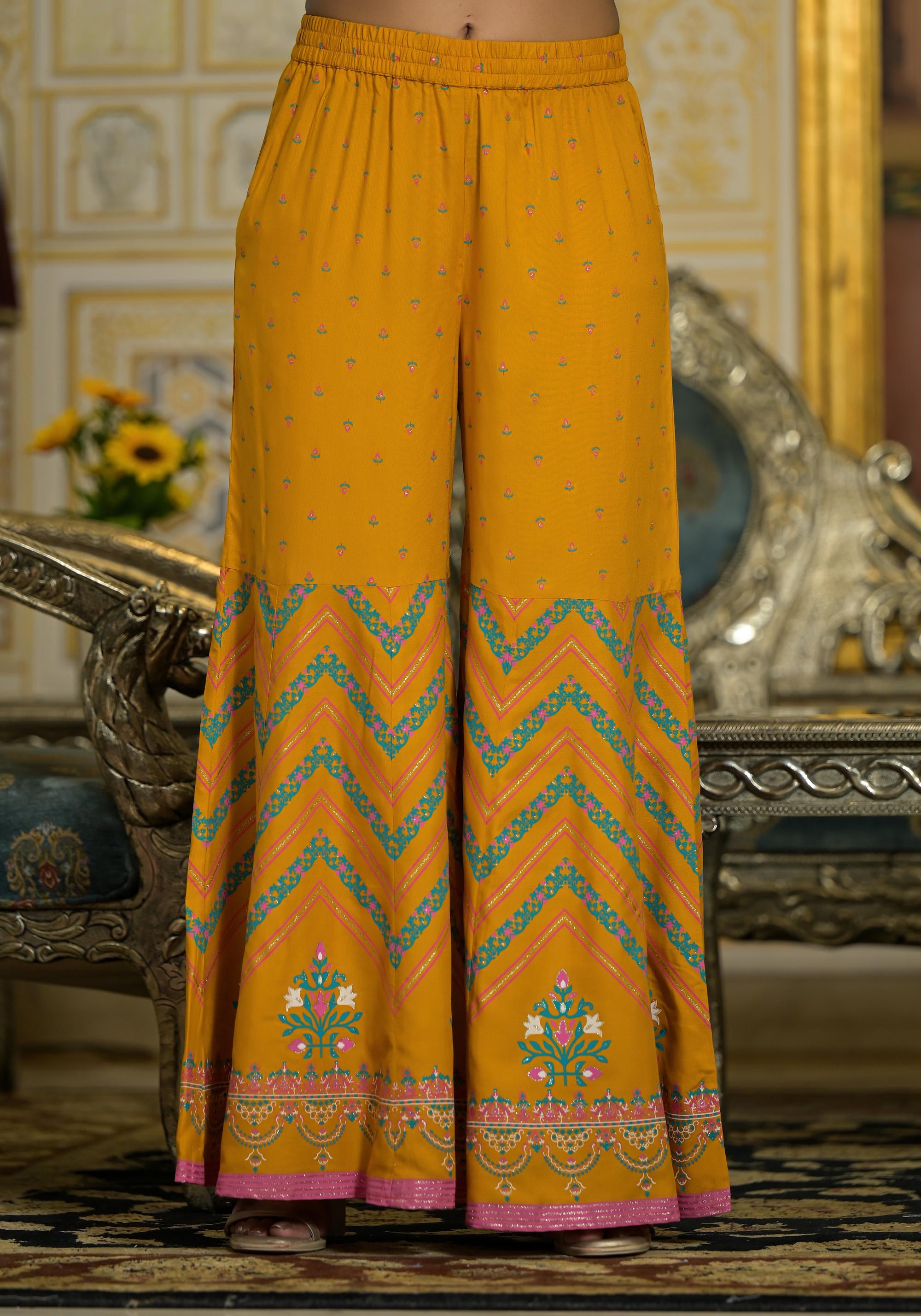 Mustard Ethnic Motif Printed Liva Rayon Tunic Sharara And Dupatta Set With Sequins & Gota Patti Work