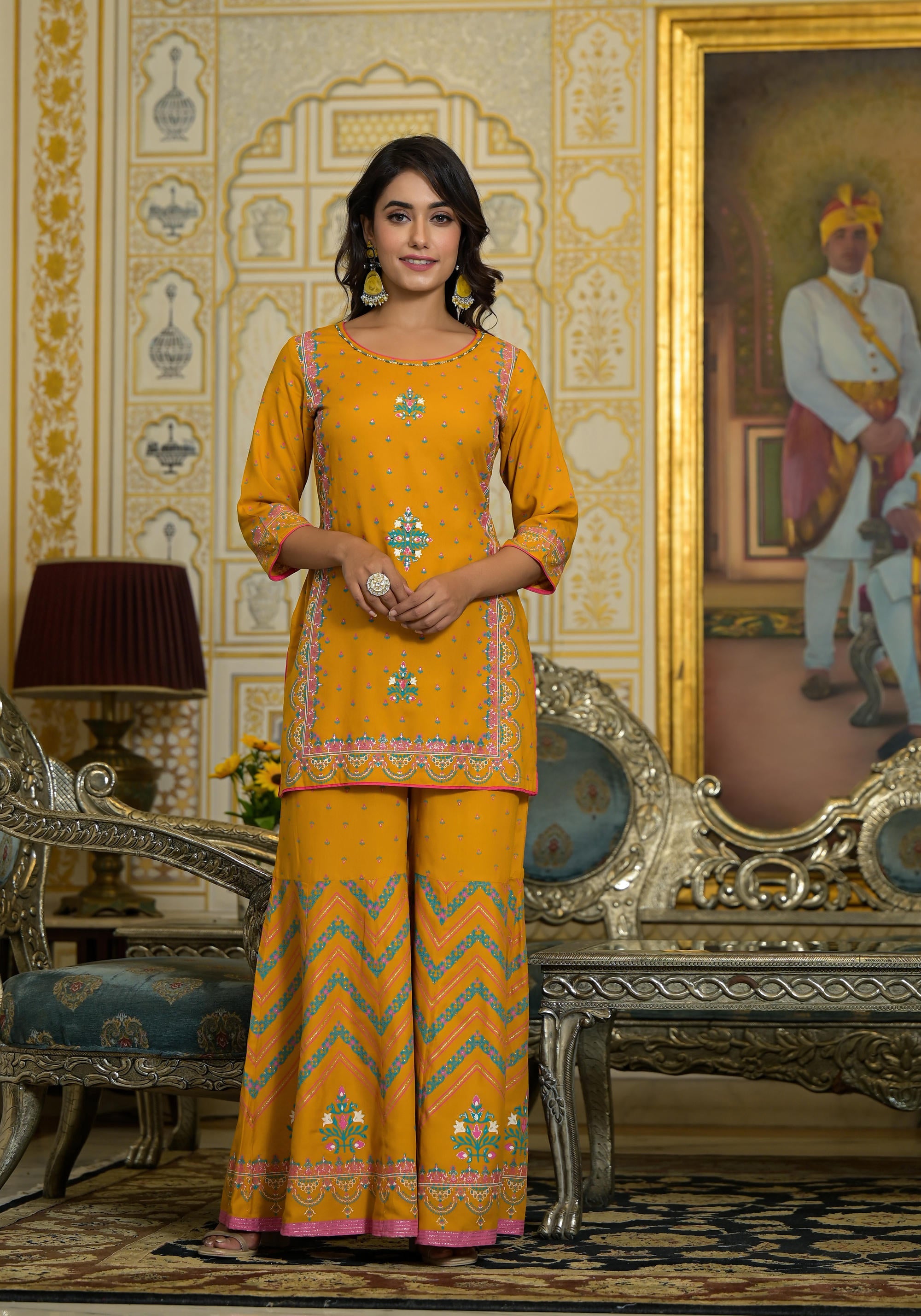 Mustard Ethnic Motif Printed Liva Rayon Tunic Sharara And Dupatta Set With Sequins & Gota Patti Work