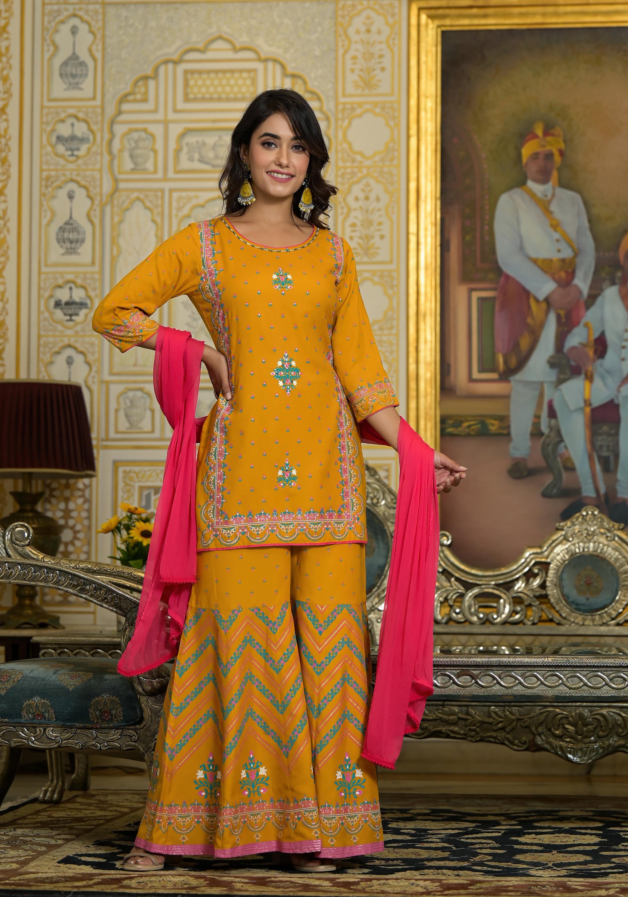 Mustard Ethnic Motif Printed Liva Rayon Tunic Sharara And Dupatta Set With Sequins & Gota Patti Work