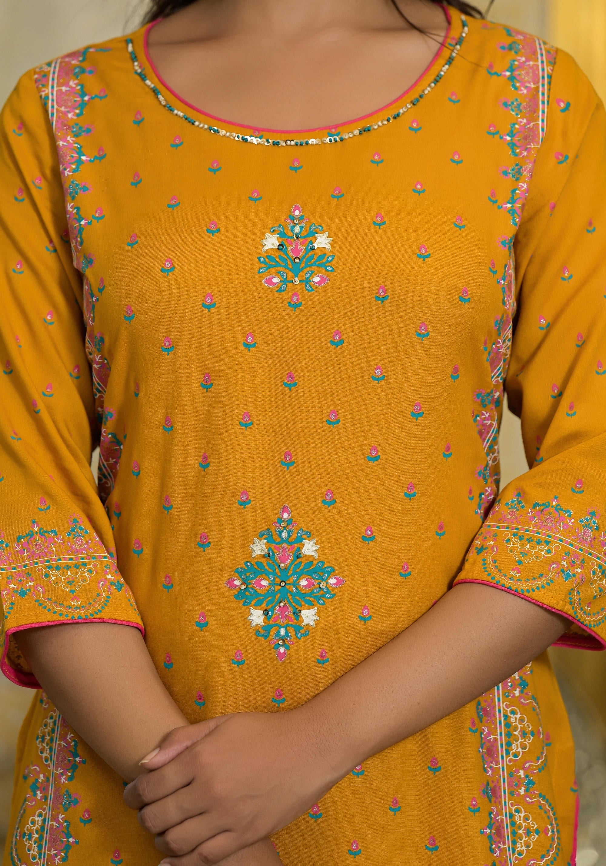 Mustard Ethnic Motif Printed Liva Rayon Tunic Sharara And Dupatta Set With Sequins & Gota Patti Work