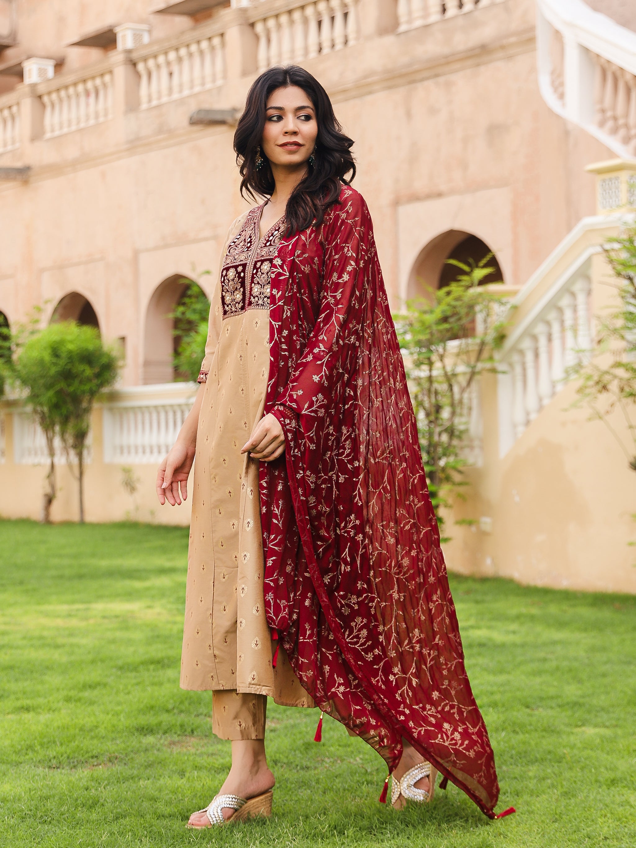The Swarn Gold Ethnic Motif Printed Cotton Kurta Pant And Dupatta With Zari & Mirror Work