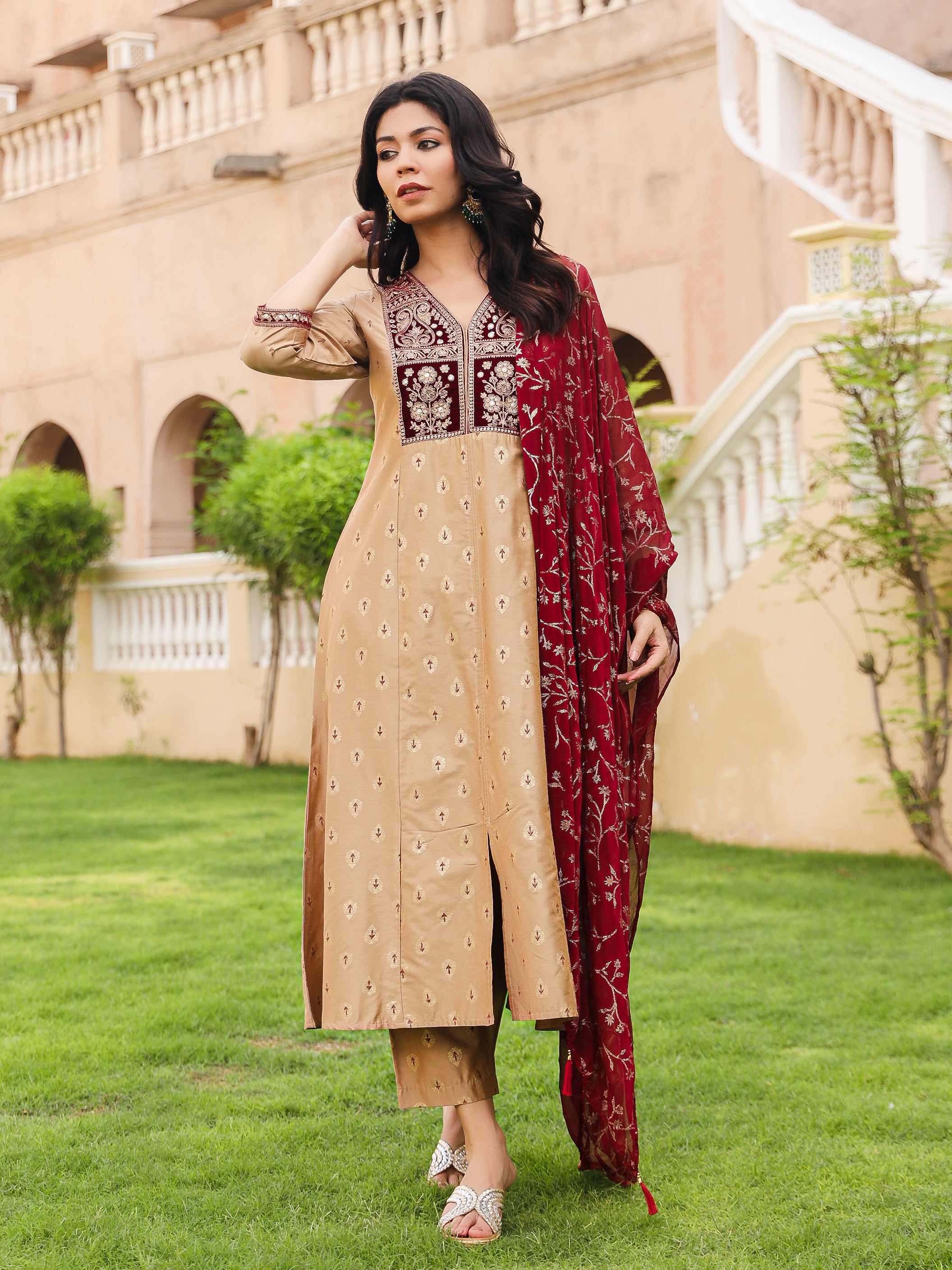 The Swarn Gold Ethnic Motif Printed Cotton Kurta Pant And Dupatta With Zari & Mirror Work