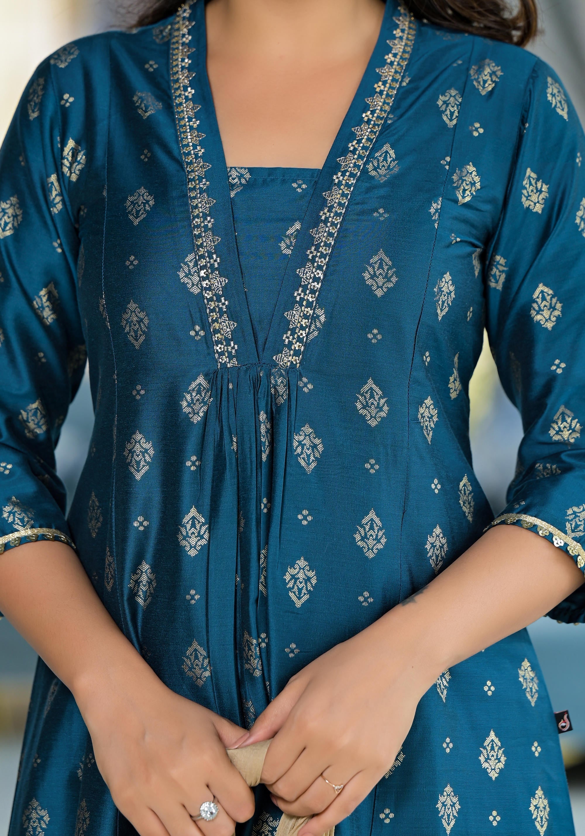 Blue Ethnic Motif Printed Polycotton Kurta Pant And Dupatta Set With Sequins Gota Patti & Beads