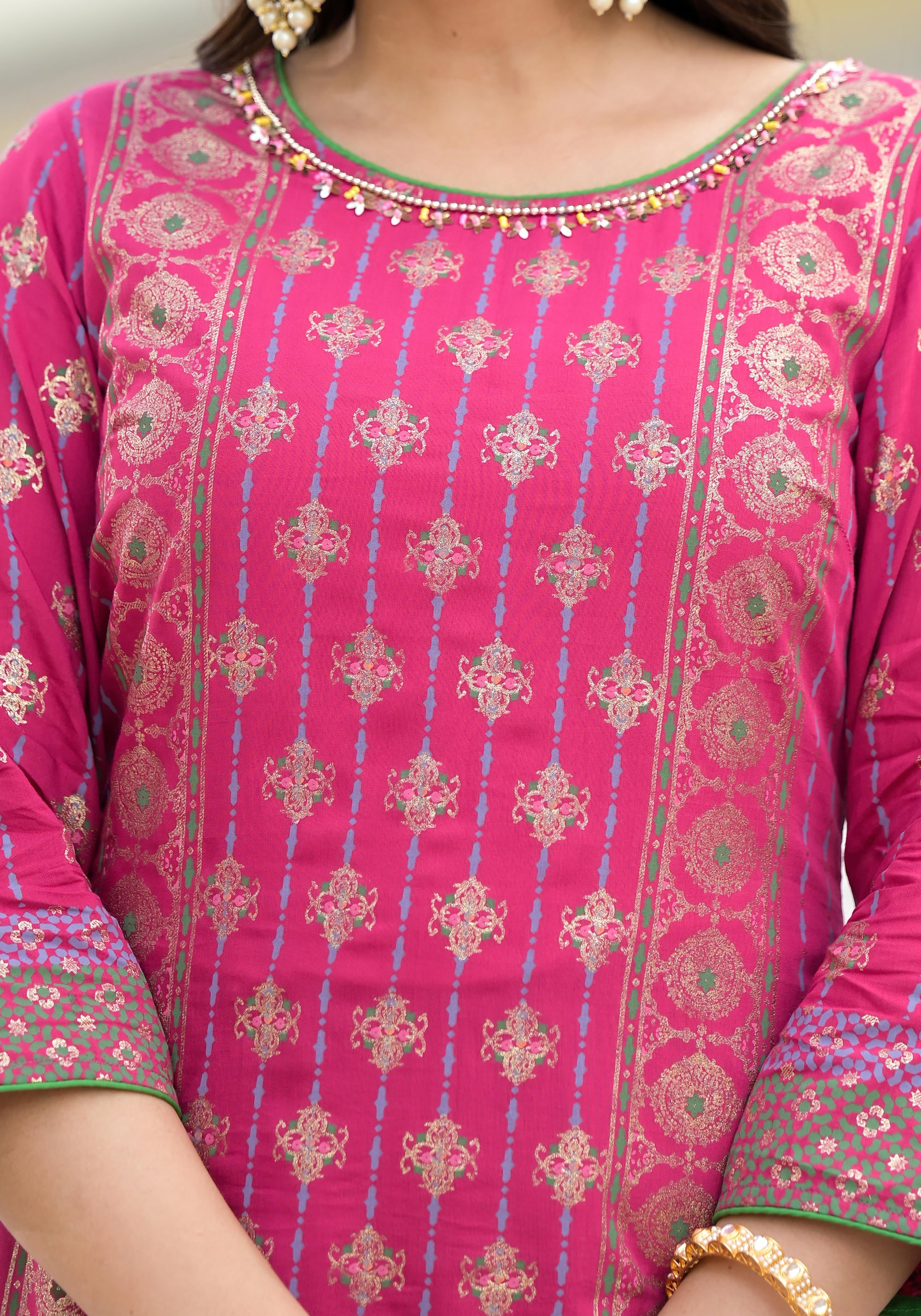 Fuchsia Ethnic Motif Printed Muslin Kurta Pant With Dupatta Set With Beads & Sequins
