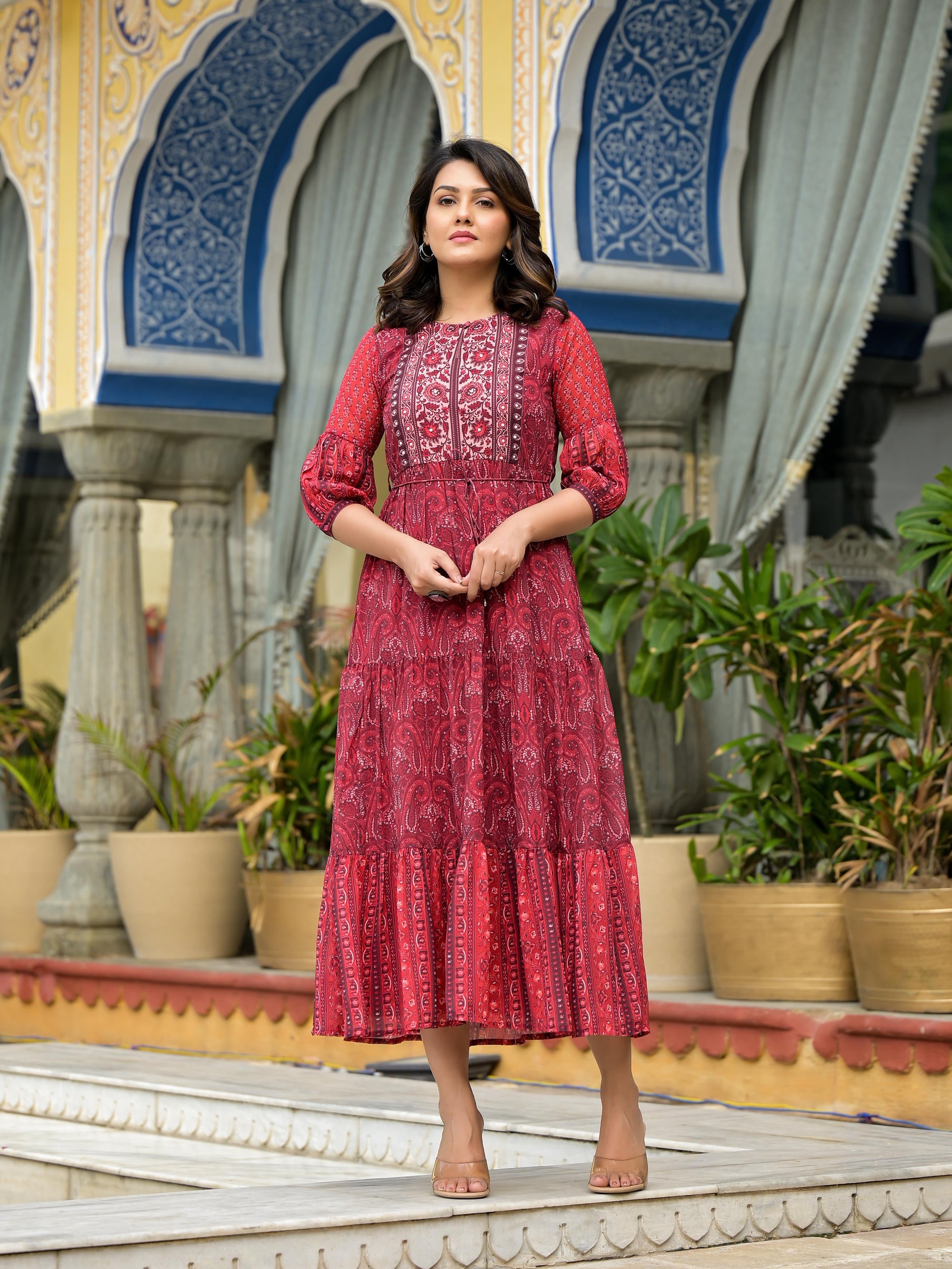 Rust Ethnic Motif Printed Georgette Gathers Maxi Dress With Sequins & Doris