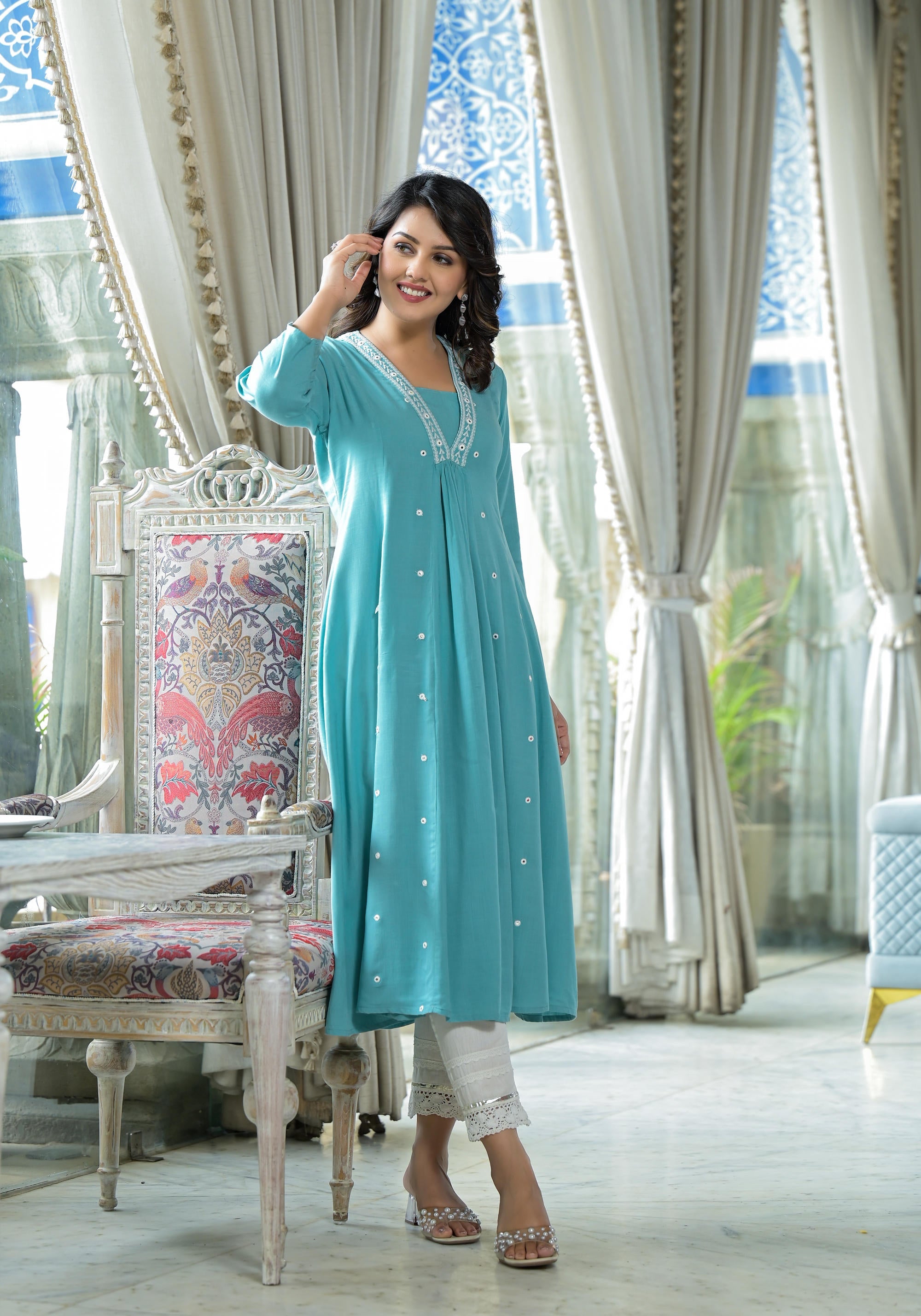 Sky Blue Thread Embroidered Liva Rayon Kurta With Mirror Work