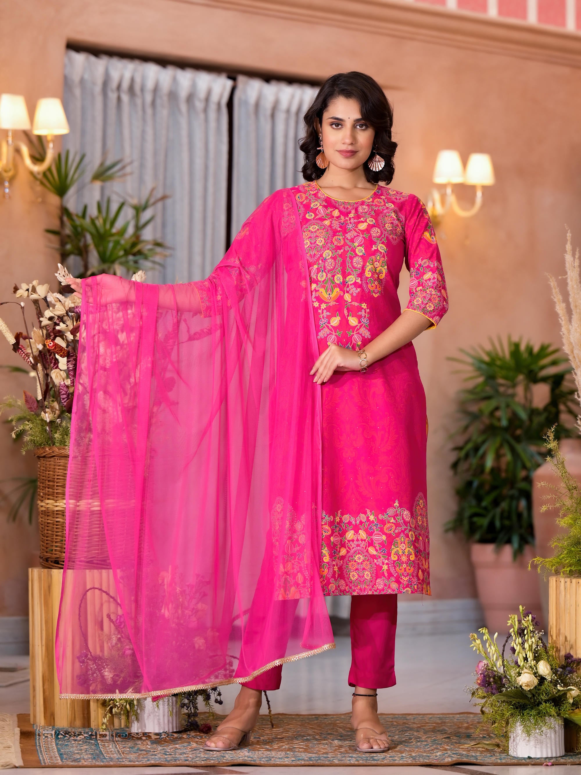 Pink Thread Embroidered Liva Rayon Kurta Pant And Dupatta Set With Sequins Beads & Lace