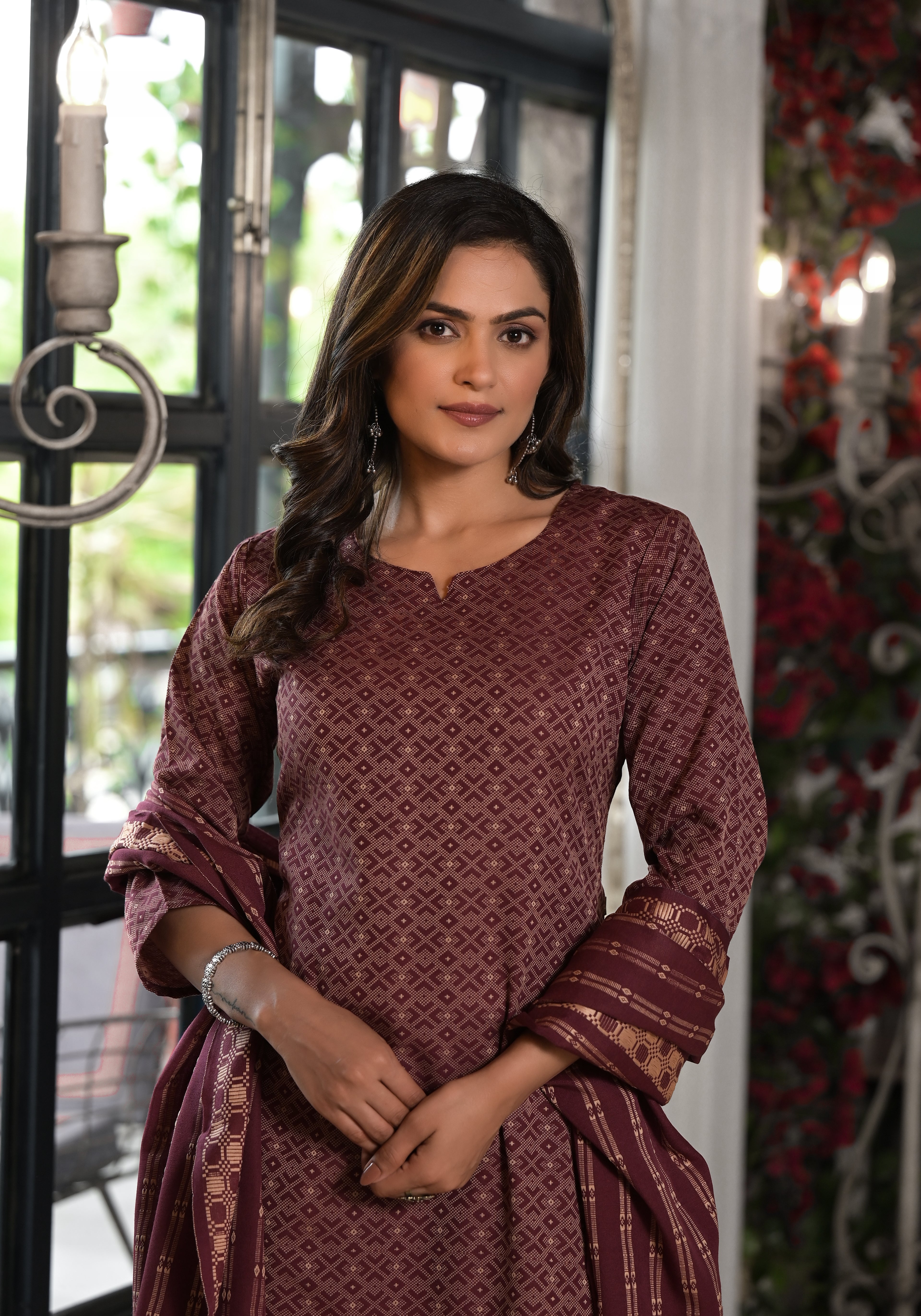 Juniper Plum Geometric Printed Cotton Kurta, Pant With Tassels On Dupatta