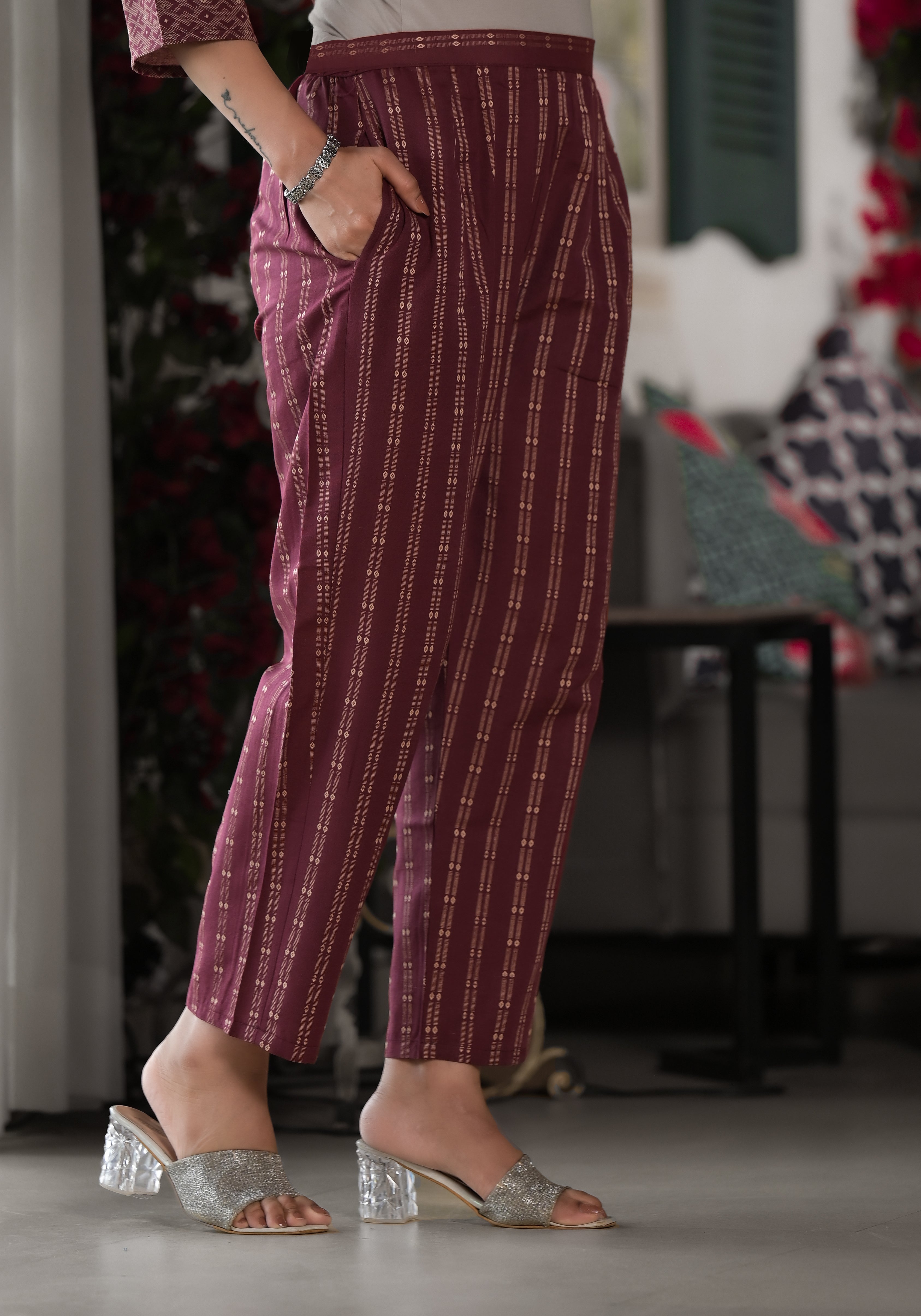 Juniper Plum Geometric Printed Cotton Kurta, Pant With Tassels On Dupatta