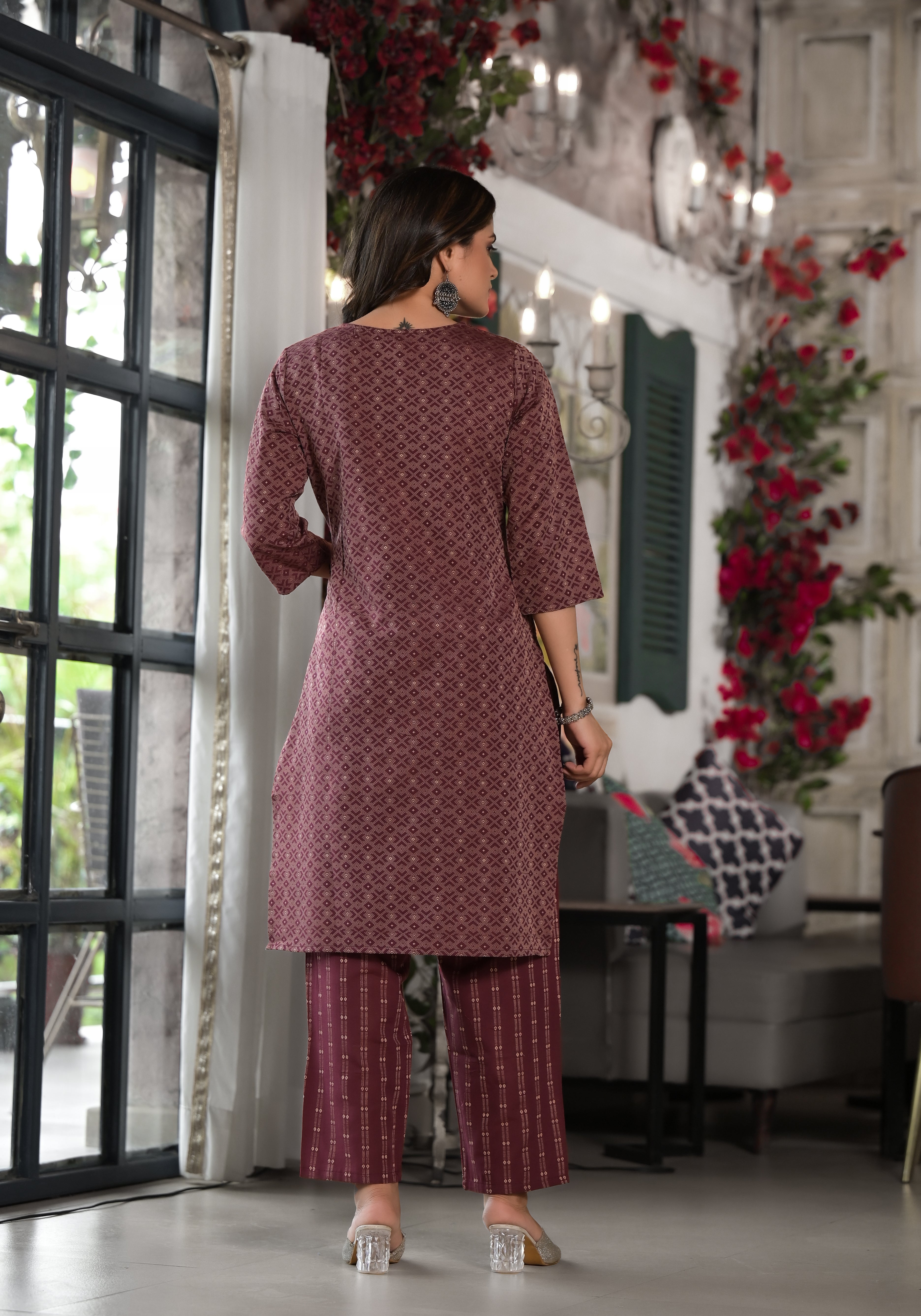 Juniper Plum Geometric Printed Cotton Kurta, Pant With Tassels On Dupatta