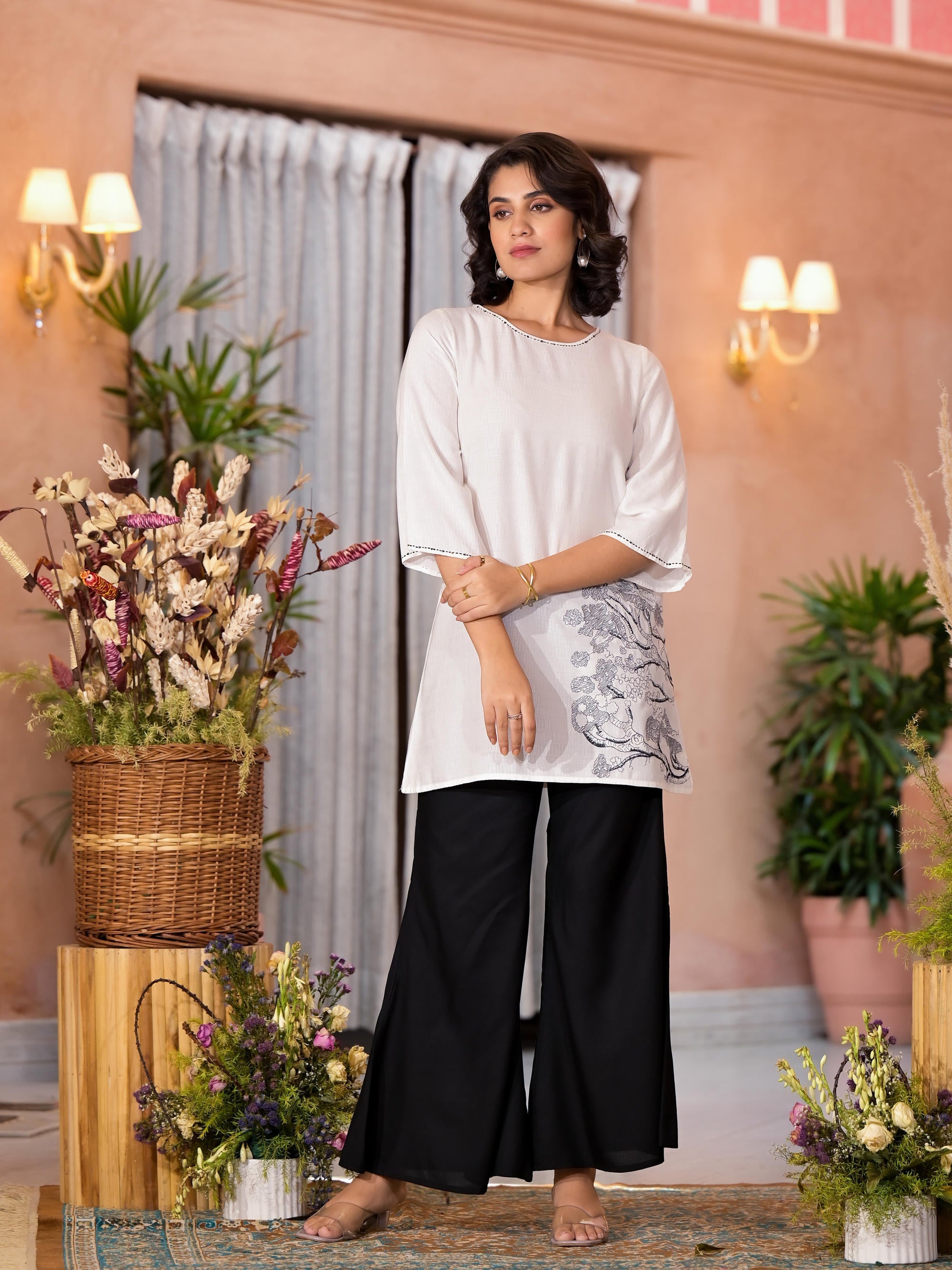 White & Black Floral Printed Viscose Tunic And Palazzo Co-Ord Co-Ord Set With Thread Work & Sequins