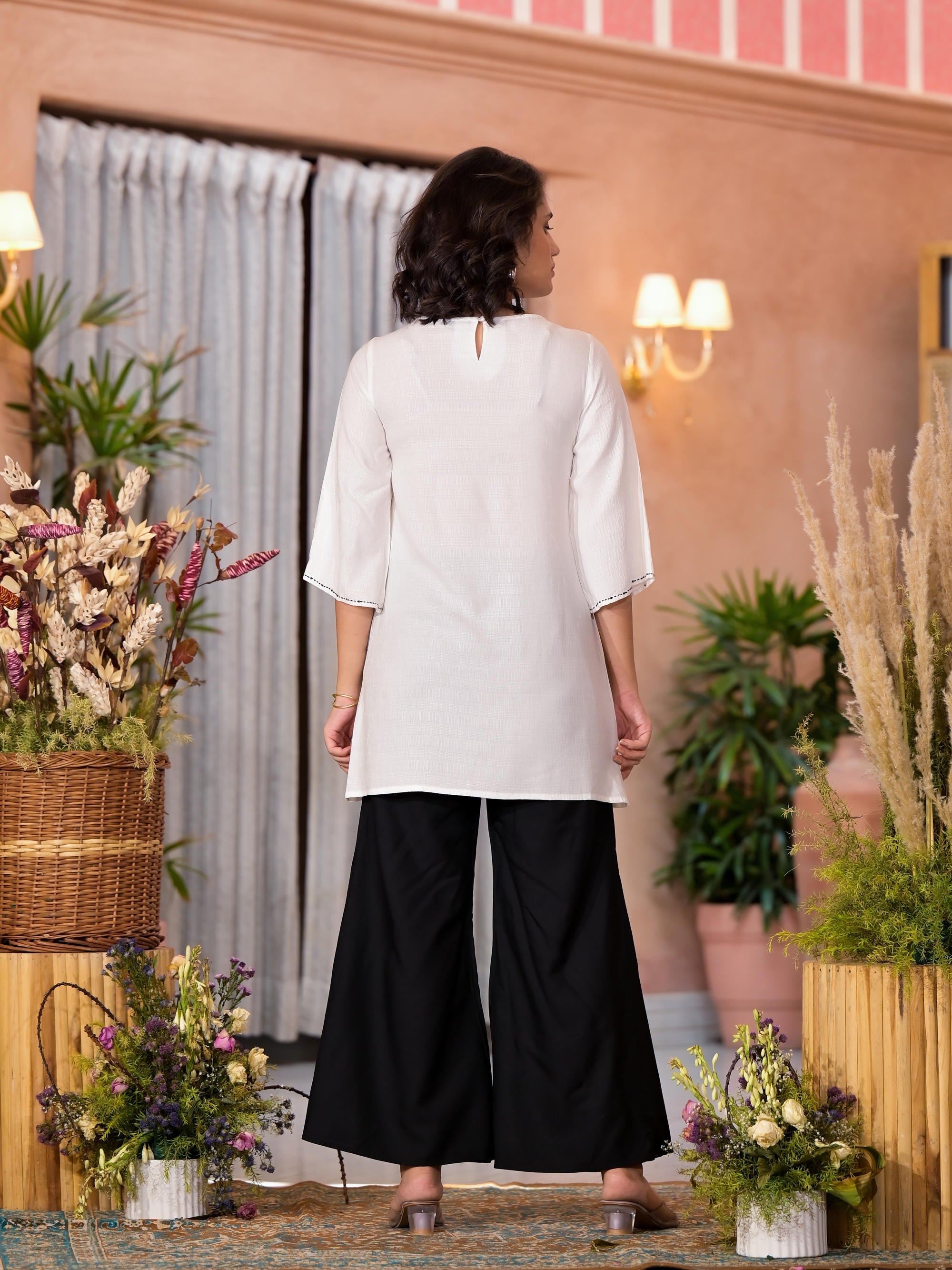 White & Black Floral Printed Viscose Tunic And Palazzo Co-Ord Co-Ord Set With Thread Work & Sequins