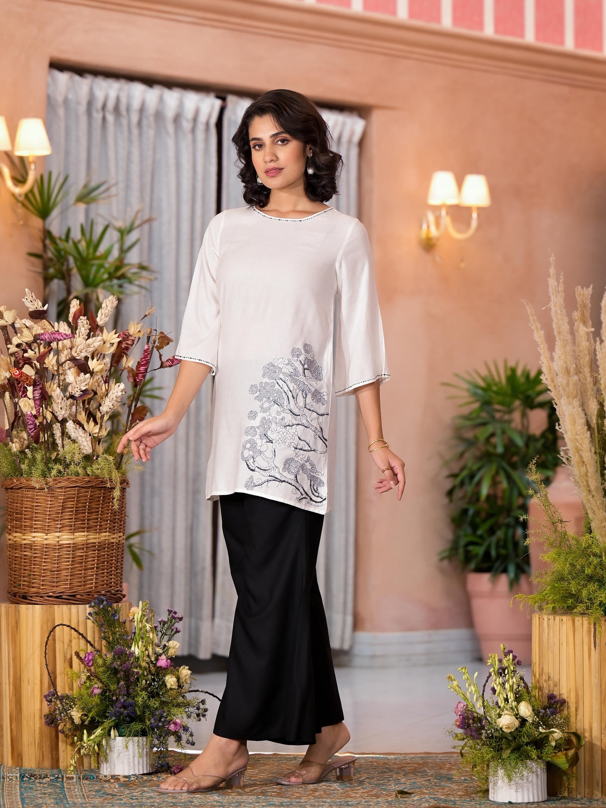White & Black Floral Printed Viscose Tunic And Palazzo Co-Ord Co-Ord Set With Thread Work & Sequins