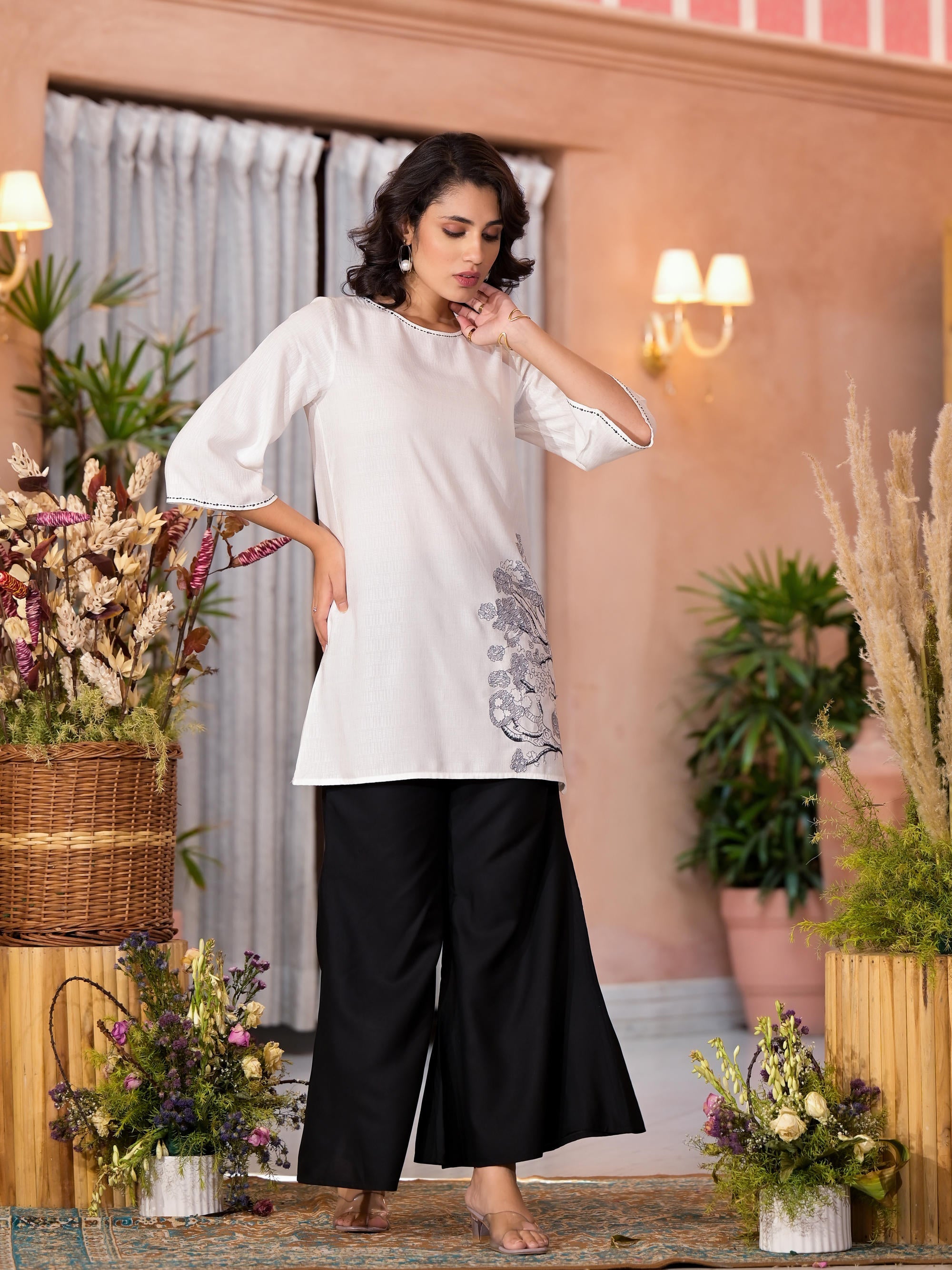White & Black Floral Printed Viscose Tunic And Palazzo Co-Ord Co-Ord Set With Thread Work & Sequins