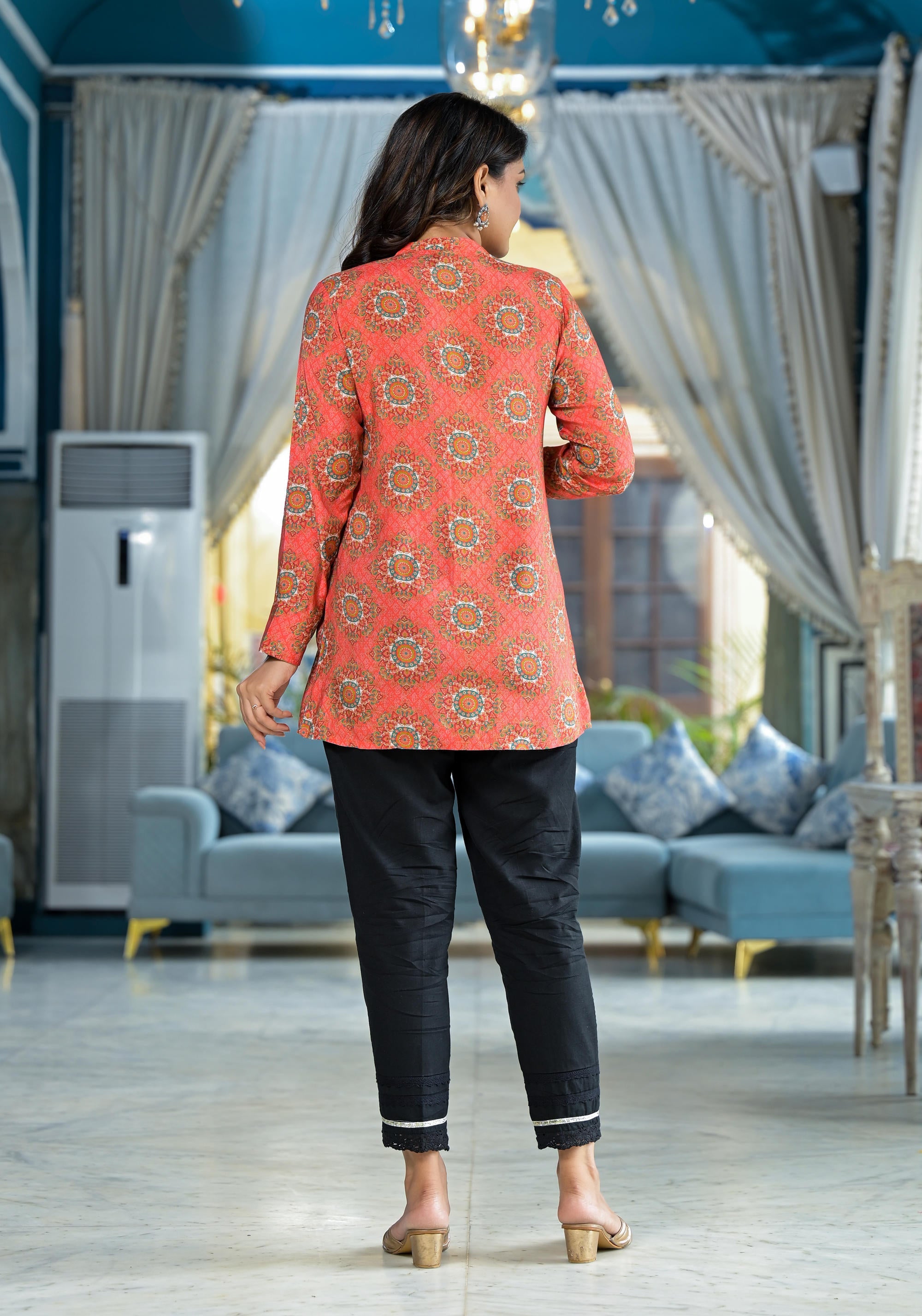 Orange Ethnic Motif Printed Viscose Tunic With Buttons Detailing
