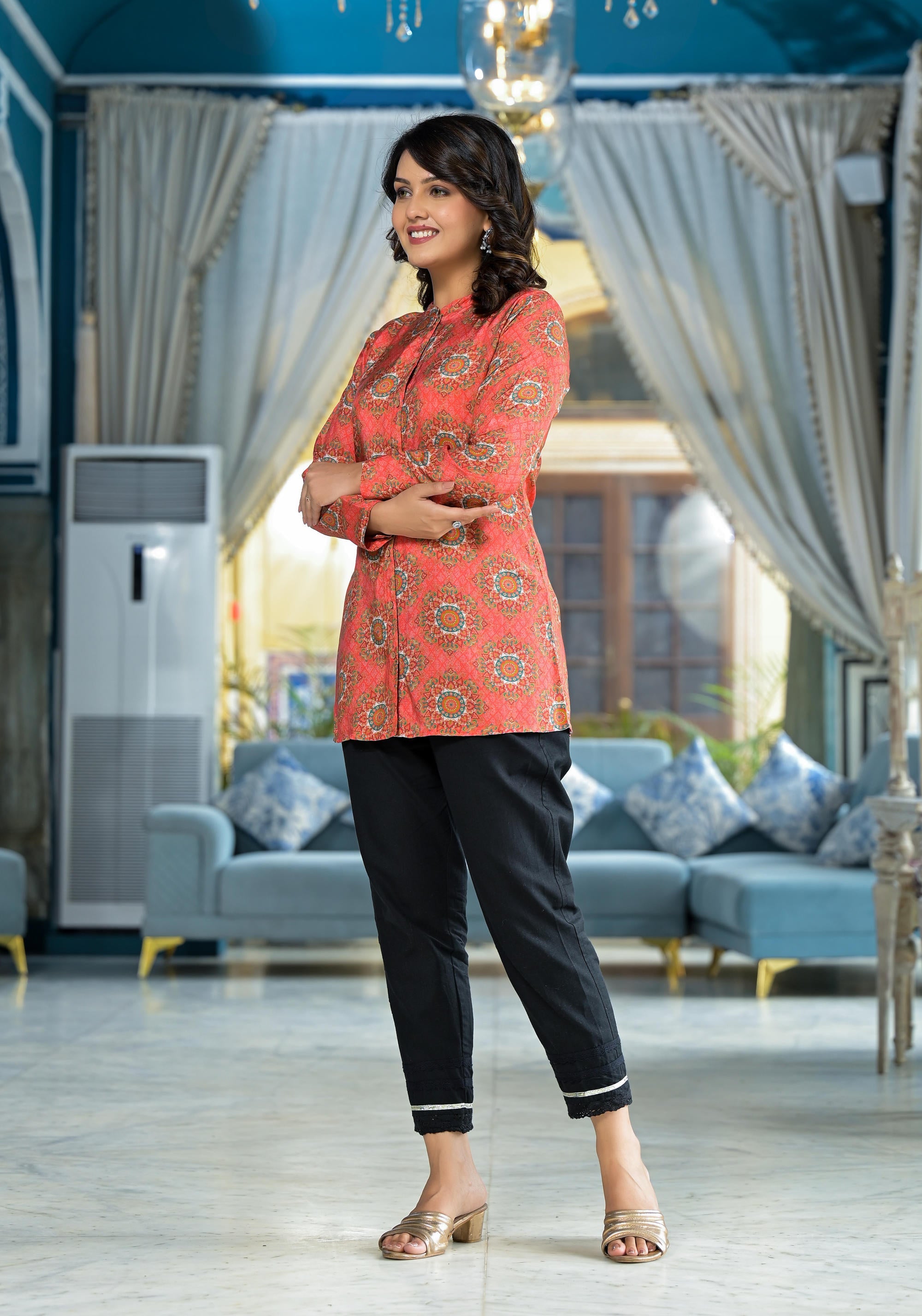 Orange Ethnic Motif Printed Viscose Tunic With Buttons Detailing