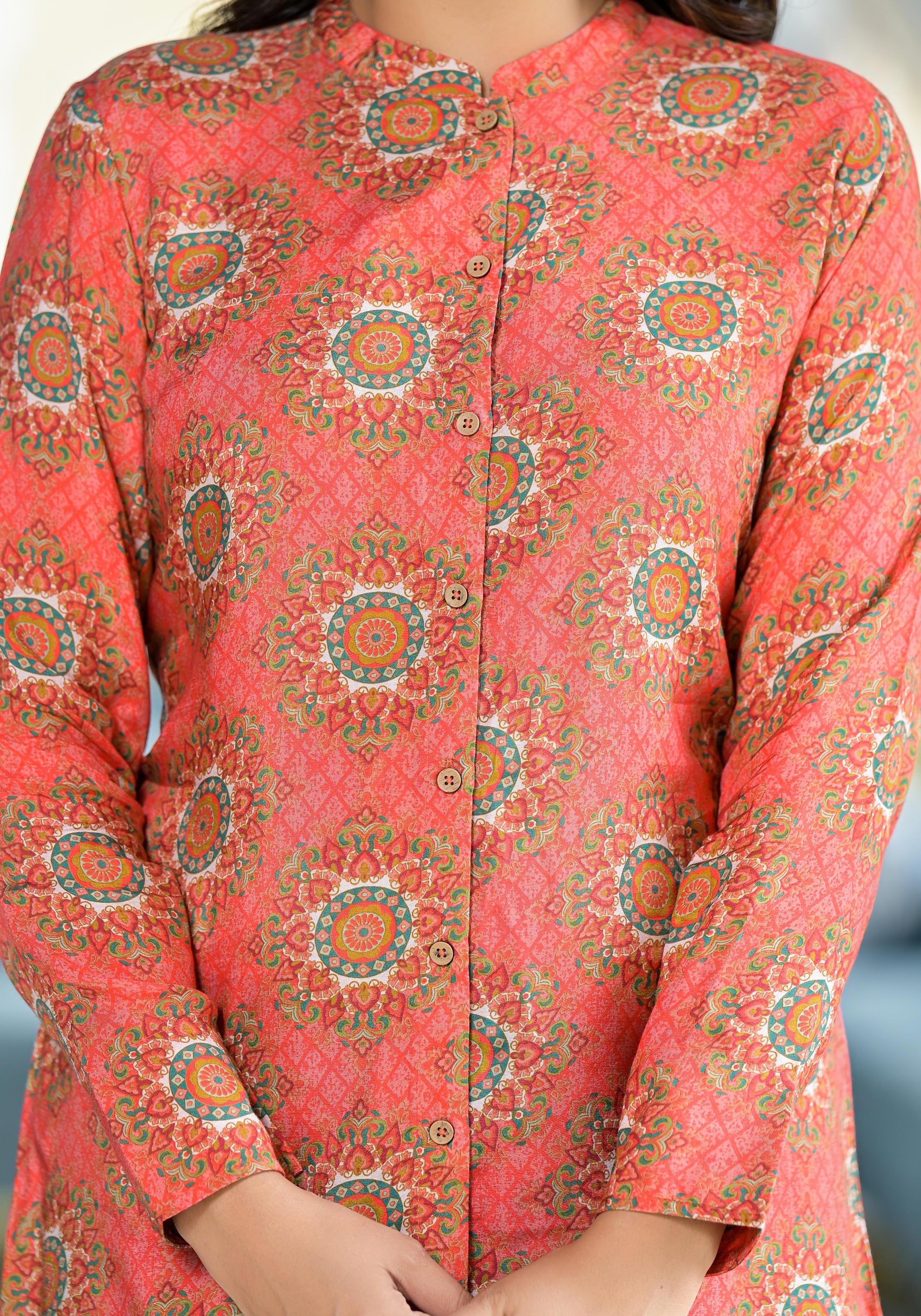 Orange Ethnic Motif Printed Viscose Tunic With Buttons Detailing