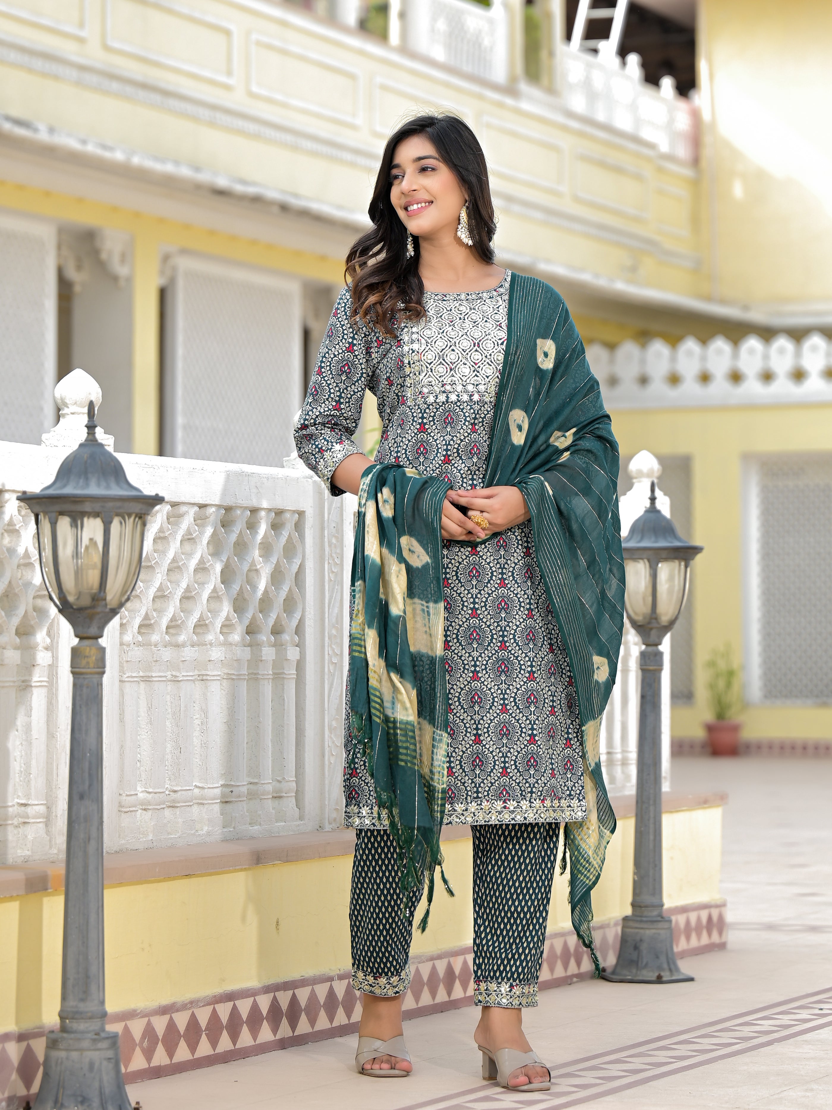Juniper Teal Ethnic Motif Printed Cotton Kurta, Pant And Dupatta Set With Zari Work & Sequins