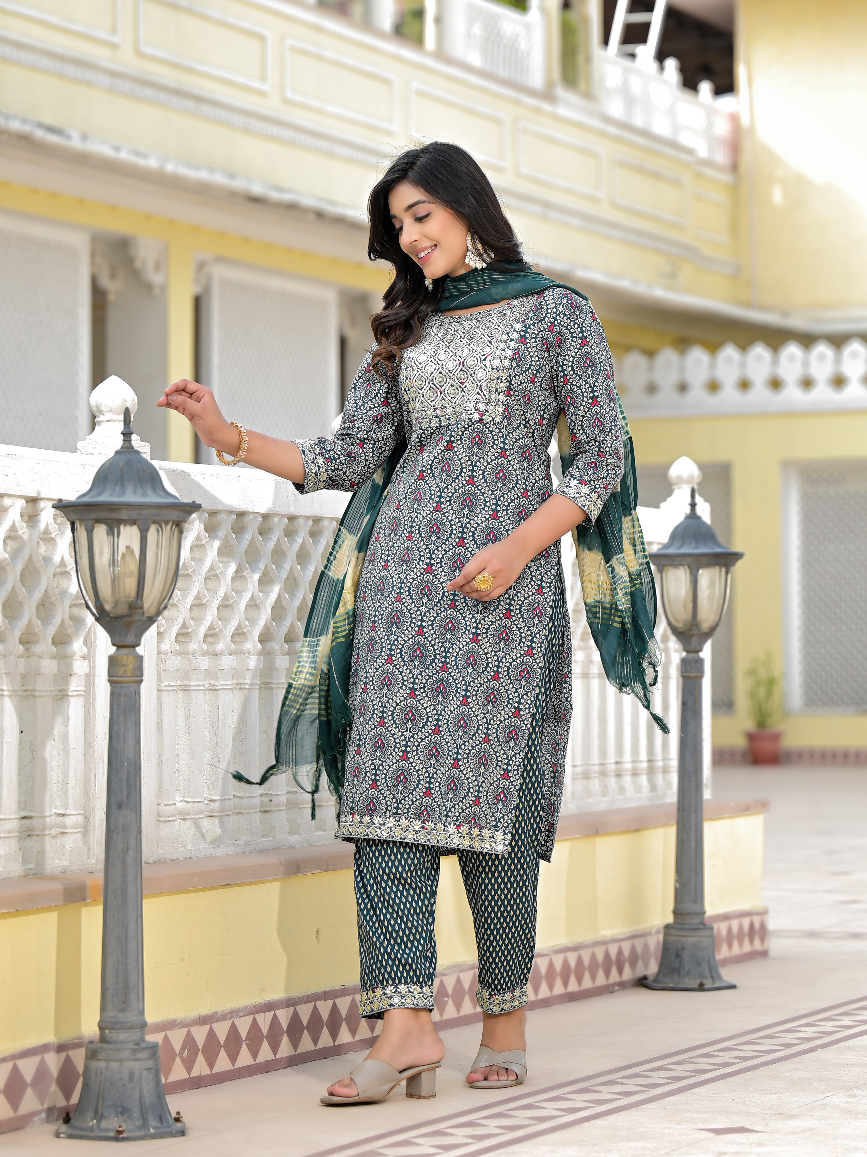 Juniper Teal Ethnic Motif Printed Cotton Kurta, Pant And Dupatta Set With Zari Work & Sequins
