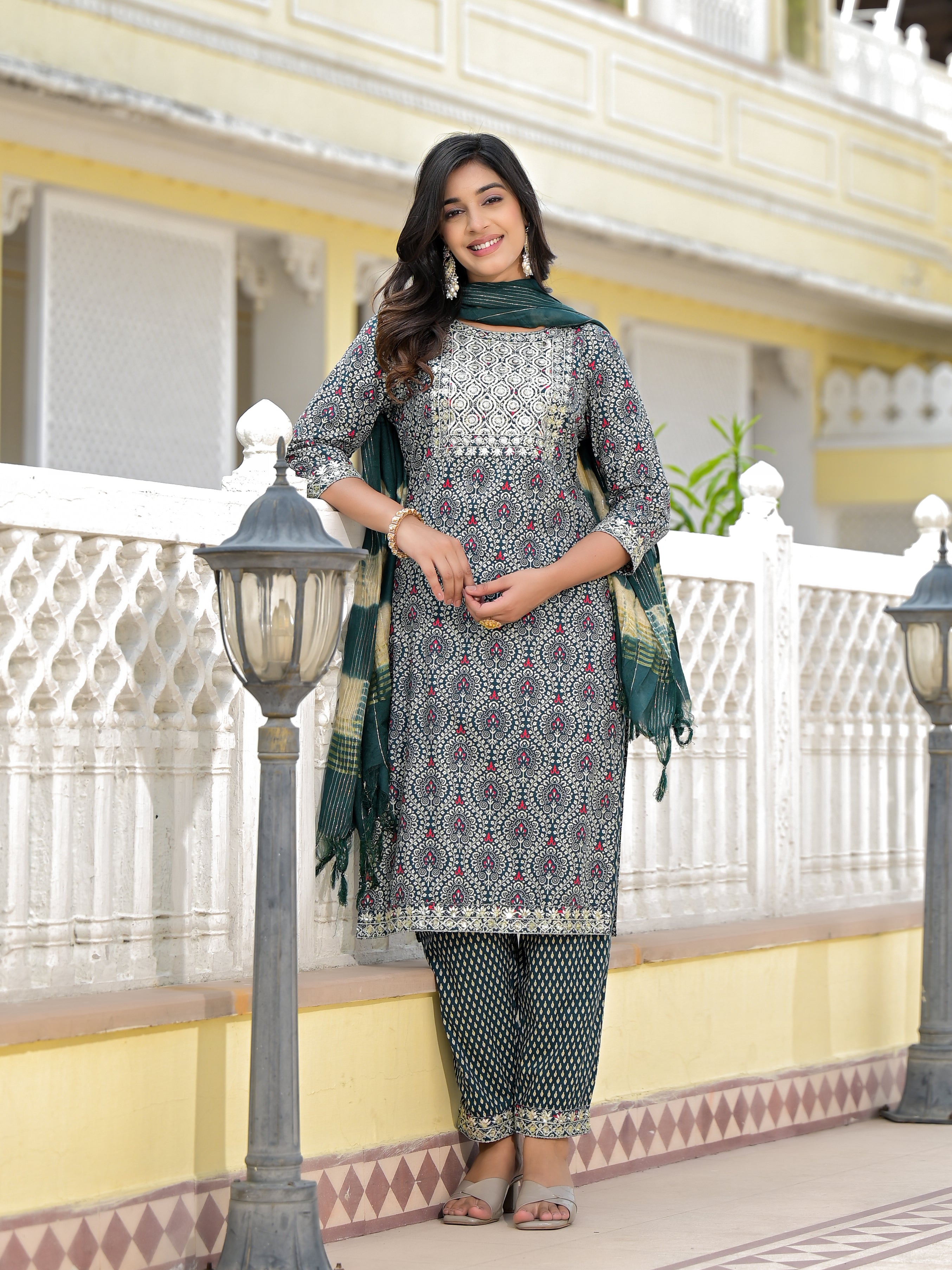 Juniper Teal Ethnic Motif Printed Cotton Kurta, Pant And Dupatta Set With Zari Work & Sequins