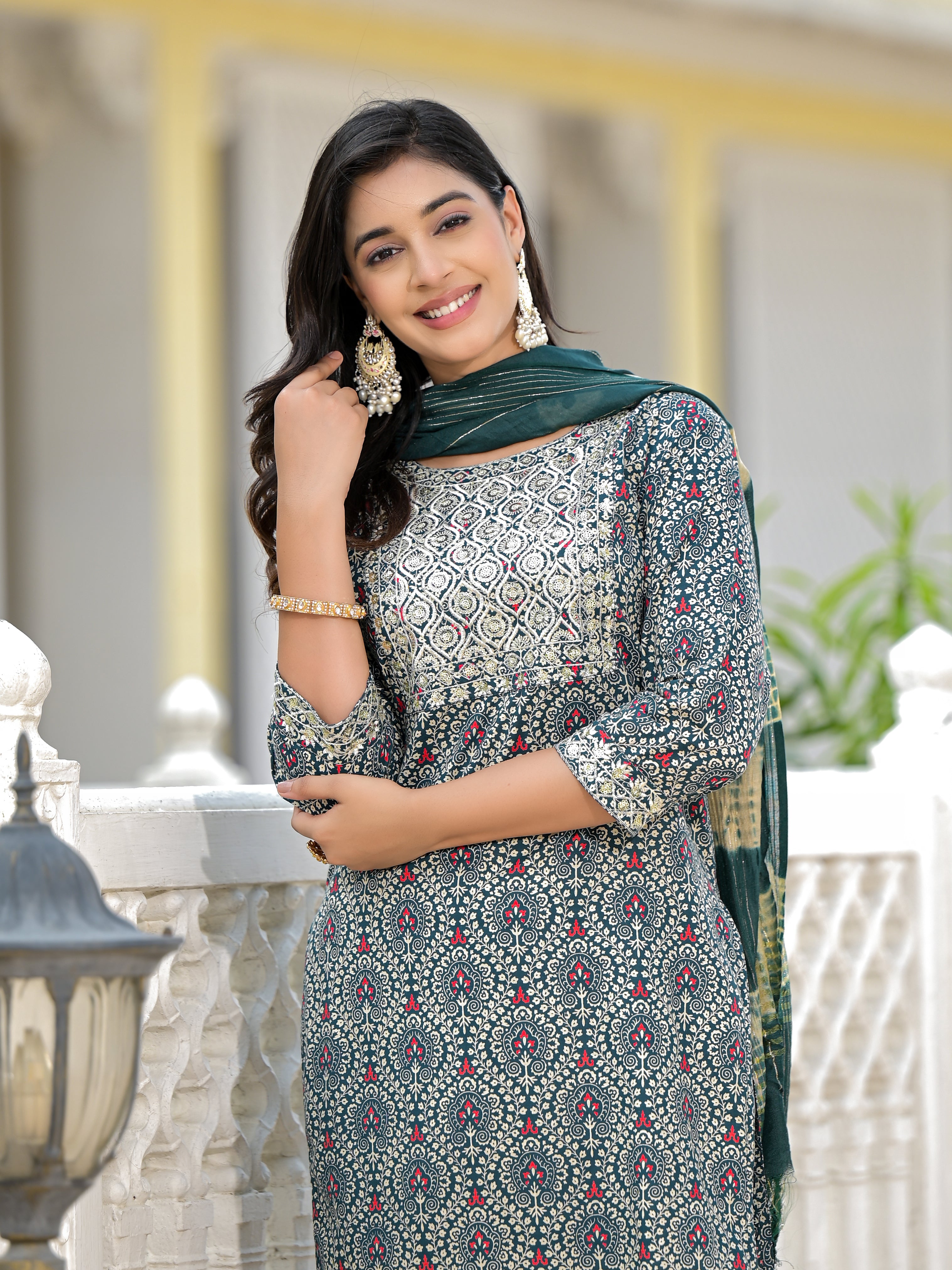 Juniper Teal Ethnic Motif Printed Cotton Kurta, Pant And Dupatta Set With Zari Work & Sequins