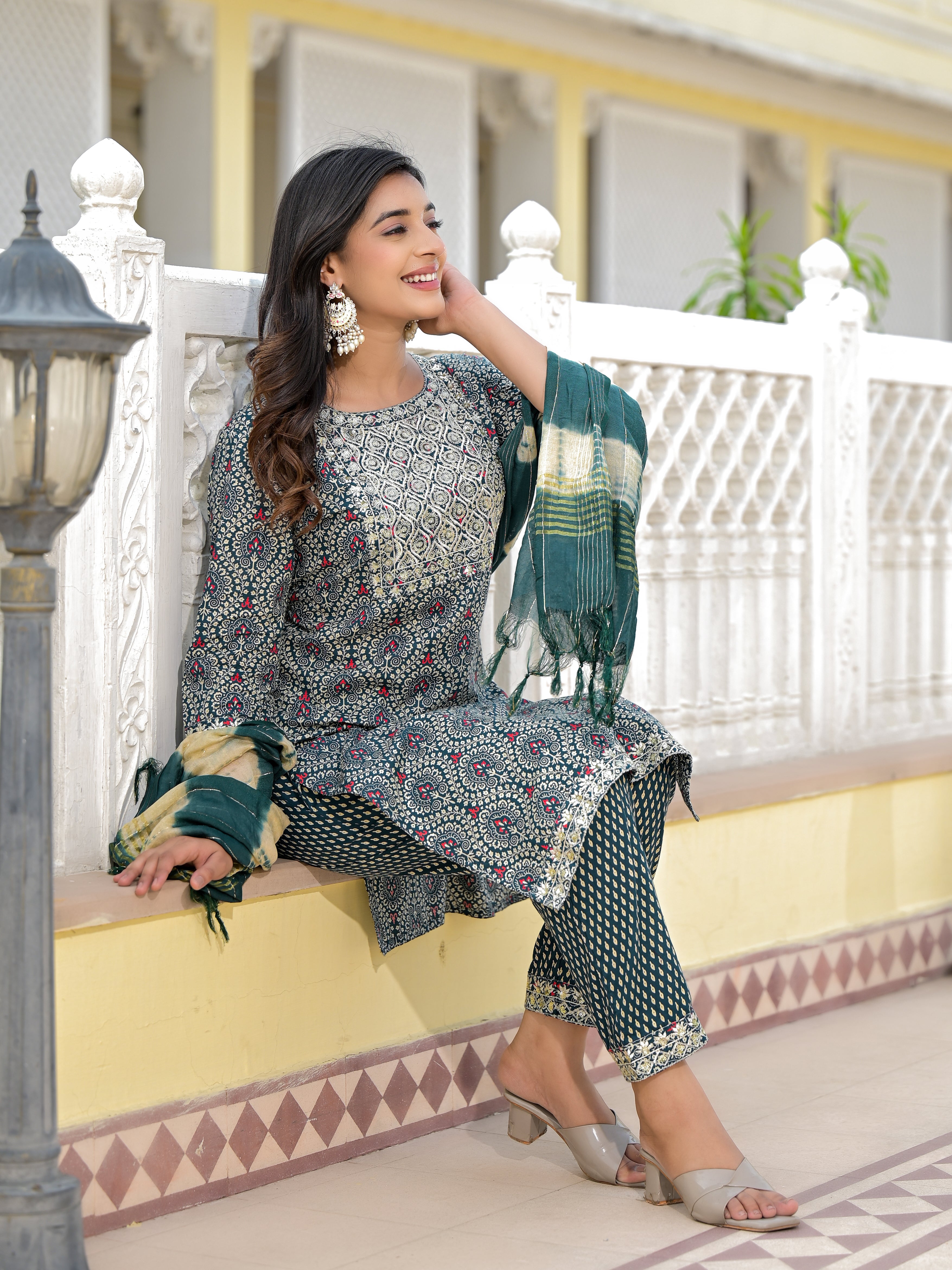 Juniper Teal Ethnic Motif Printed Cotton Kurta, Pant And Dupatta Set With Zari Work & Sequins