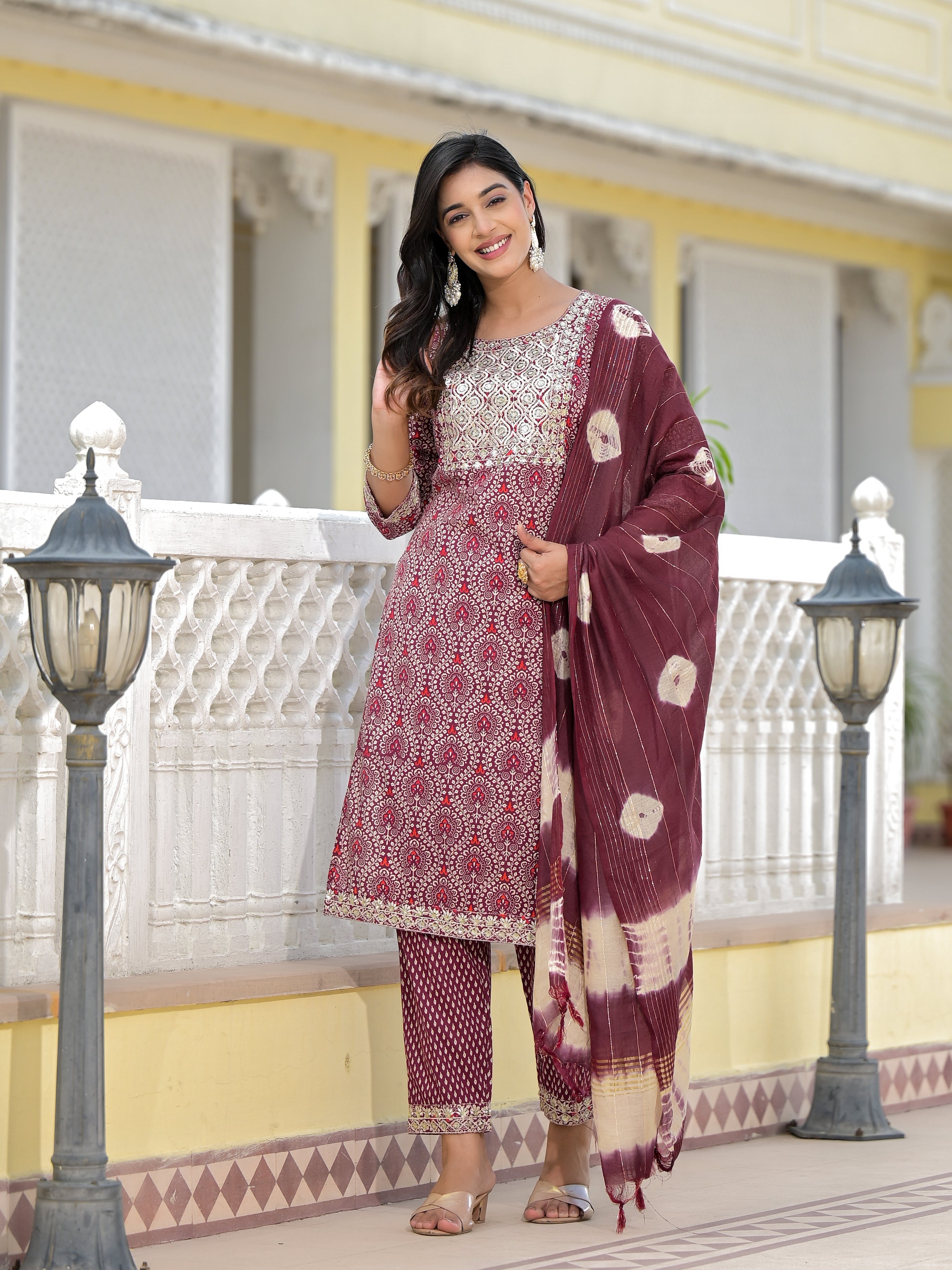 Juniper Wine Ethnic Motif Printed Cotton Kurta, Pant And Dupatta Set With Zari Work & Sequins