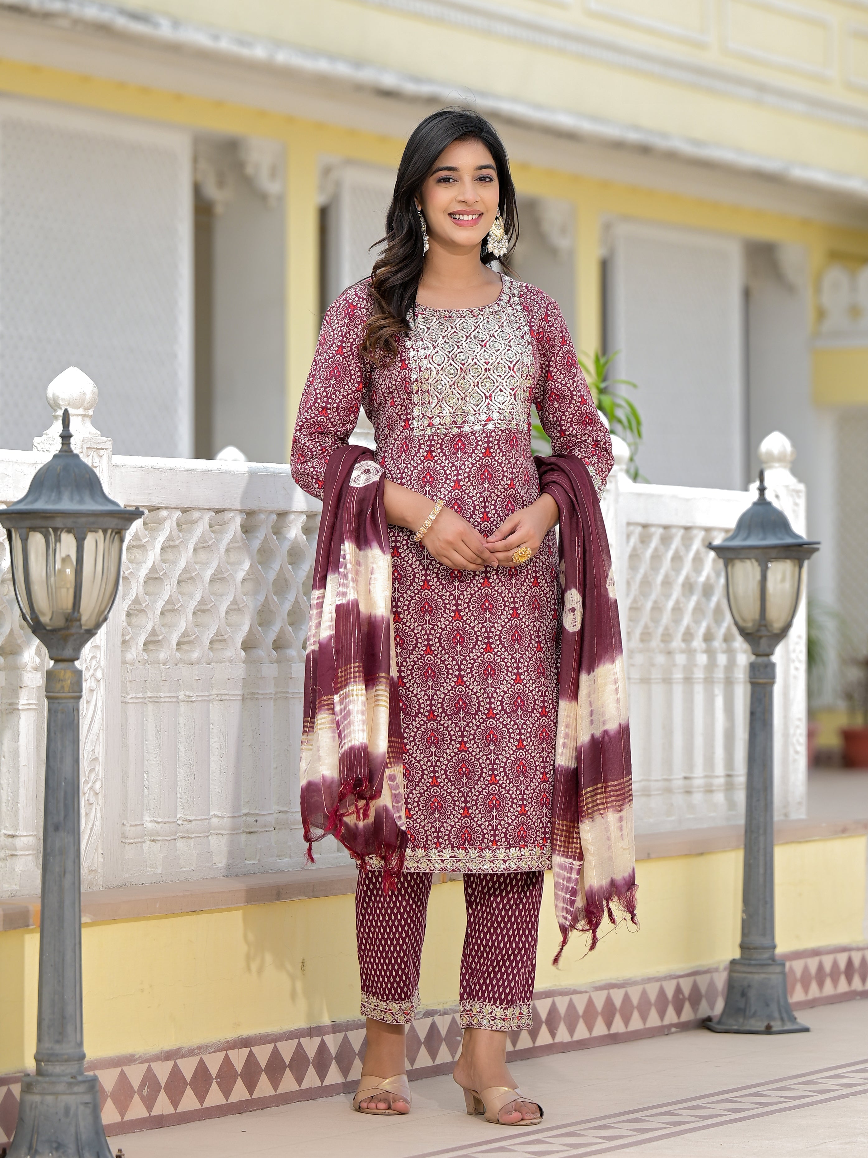 Juniper Wine Ethnic Motif Printed Cotton Kurta, Pant And Dupatta Set With Zari Work & Sequins