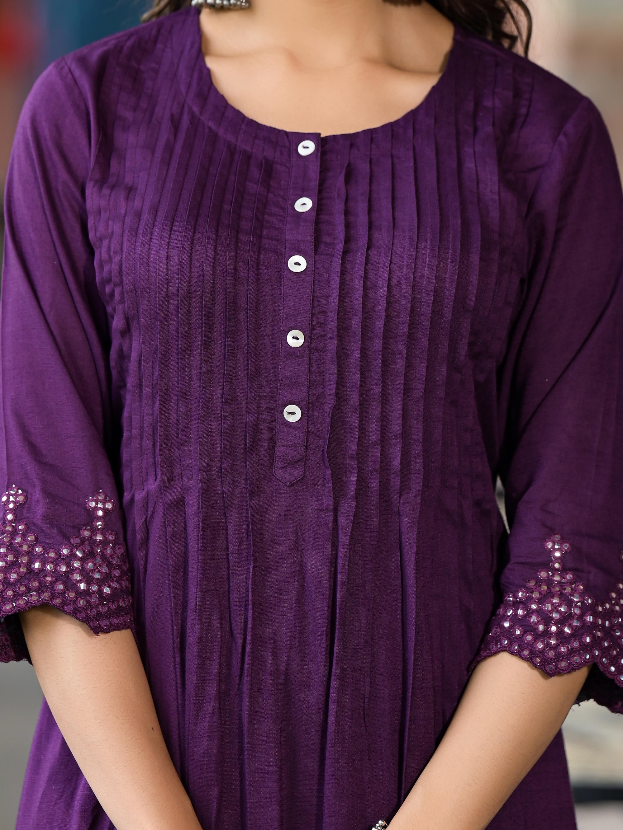 Plum Thread Embroidered Liva Rayon Kurta Set With Buttons & Mirror Work