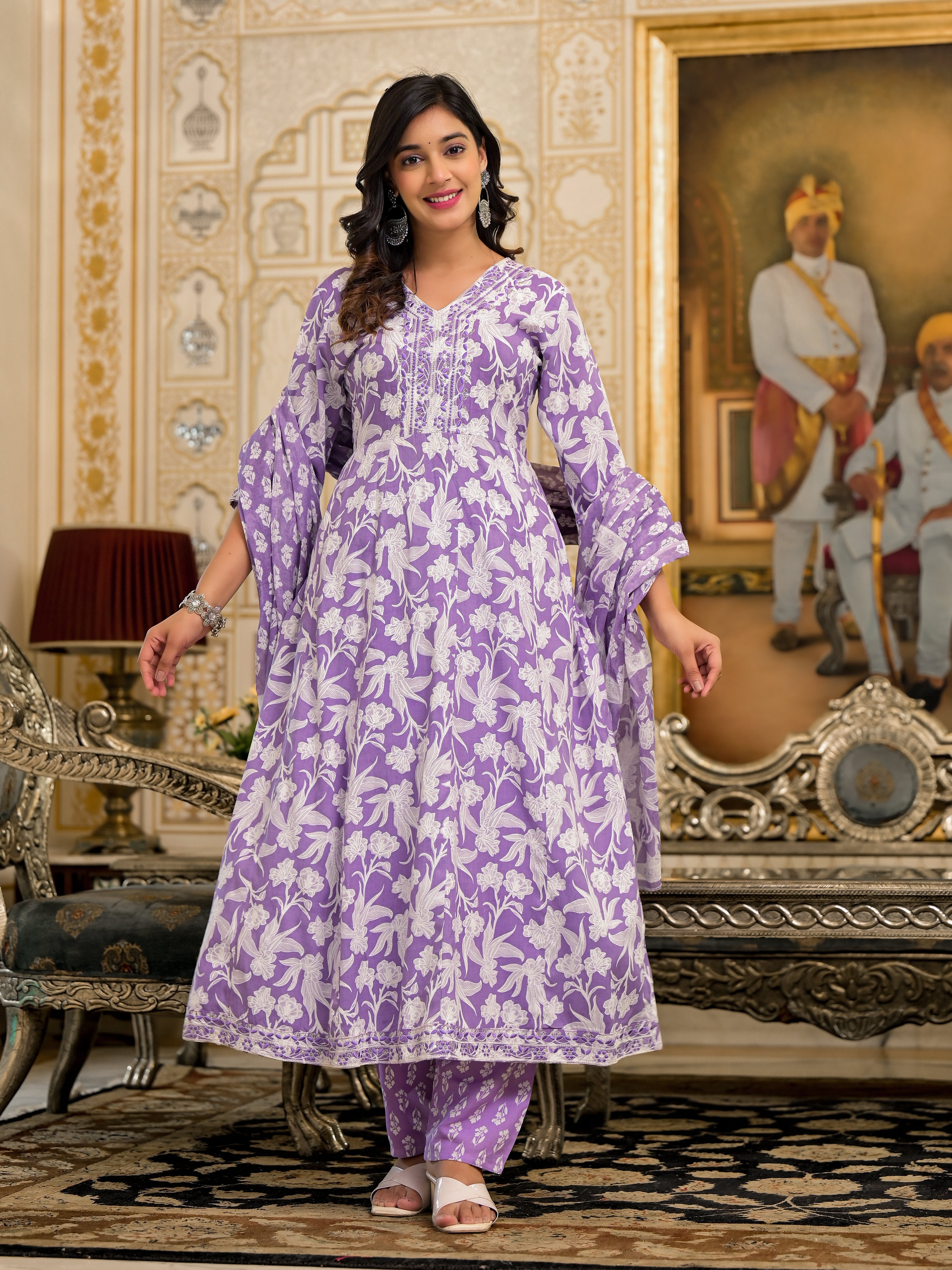 Juniper Lavender Floral Printed Rayon Kurta, Pant And Dupatta Set With Thread & Sequins Work