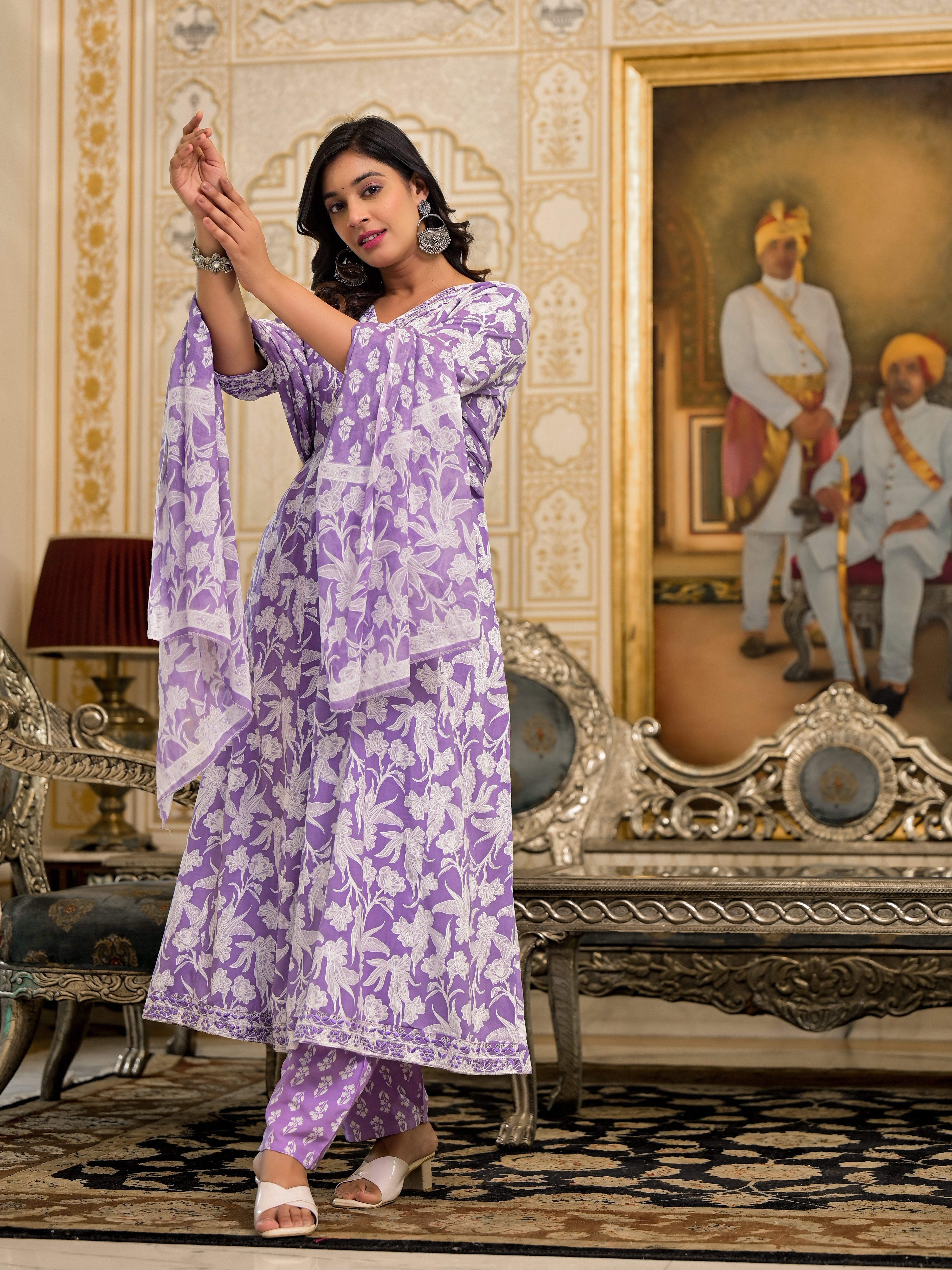 Juniper Lavender Floral Printed Rayon Kurta, Pant And Dupatta Set With Thread & Sequins Work