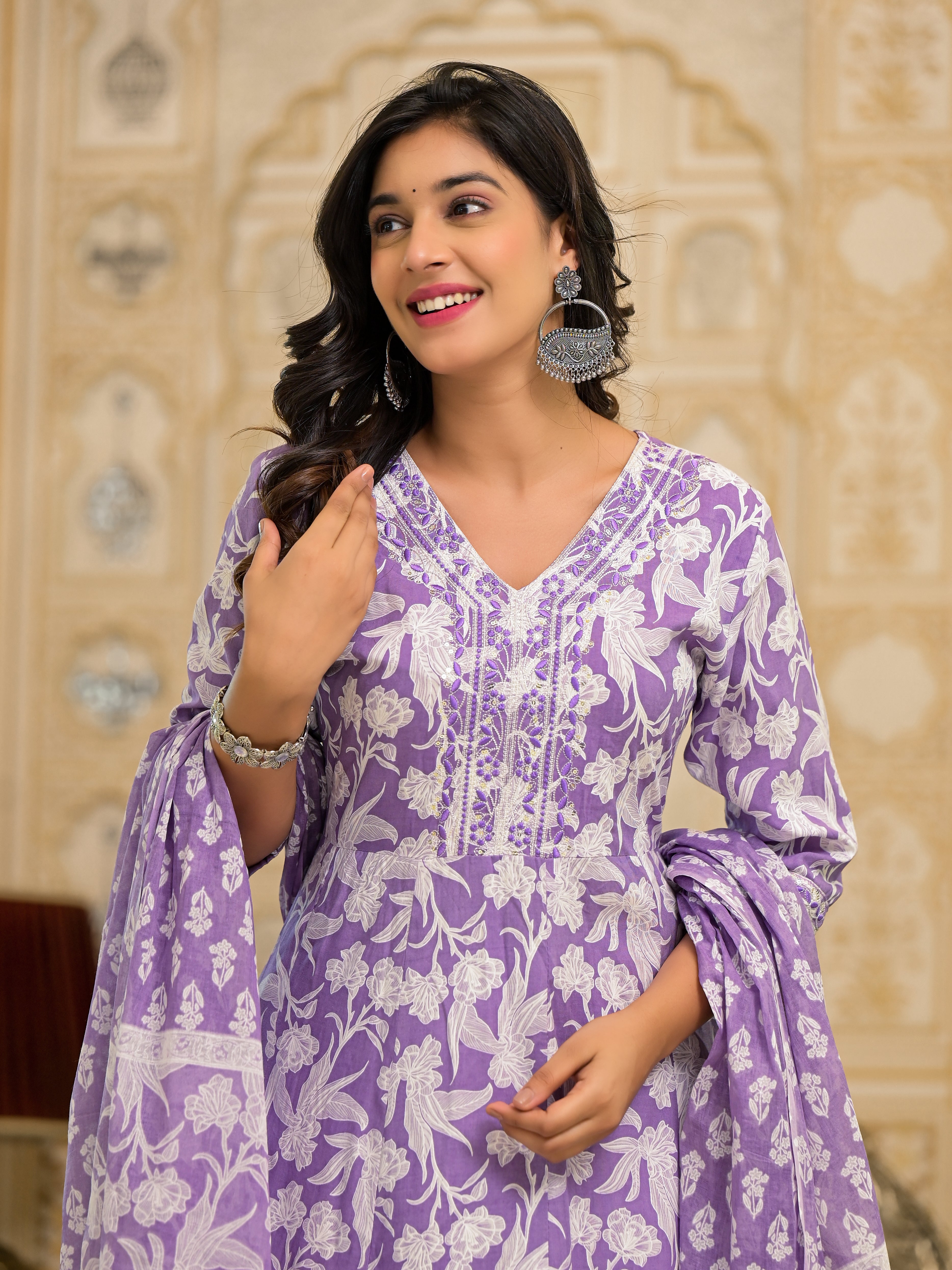 Juniper Lavender Floral Printed Rayon Kurta, Pant And Dupatta Set With Thread & Sequins Work