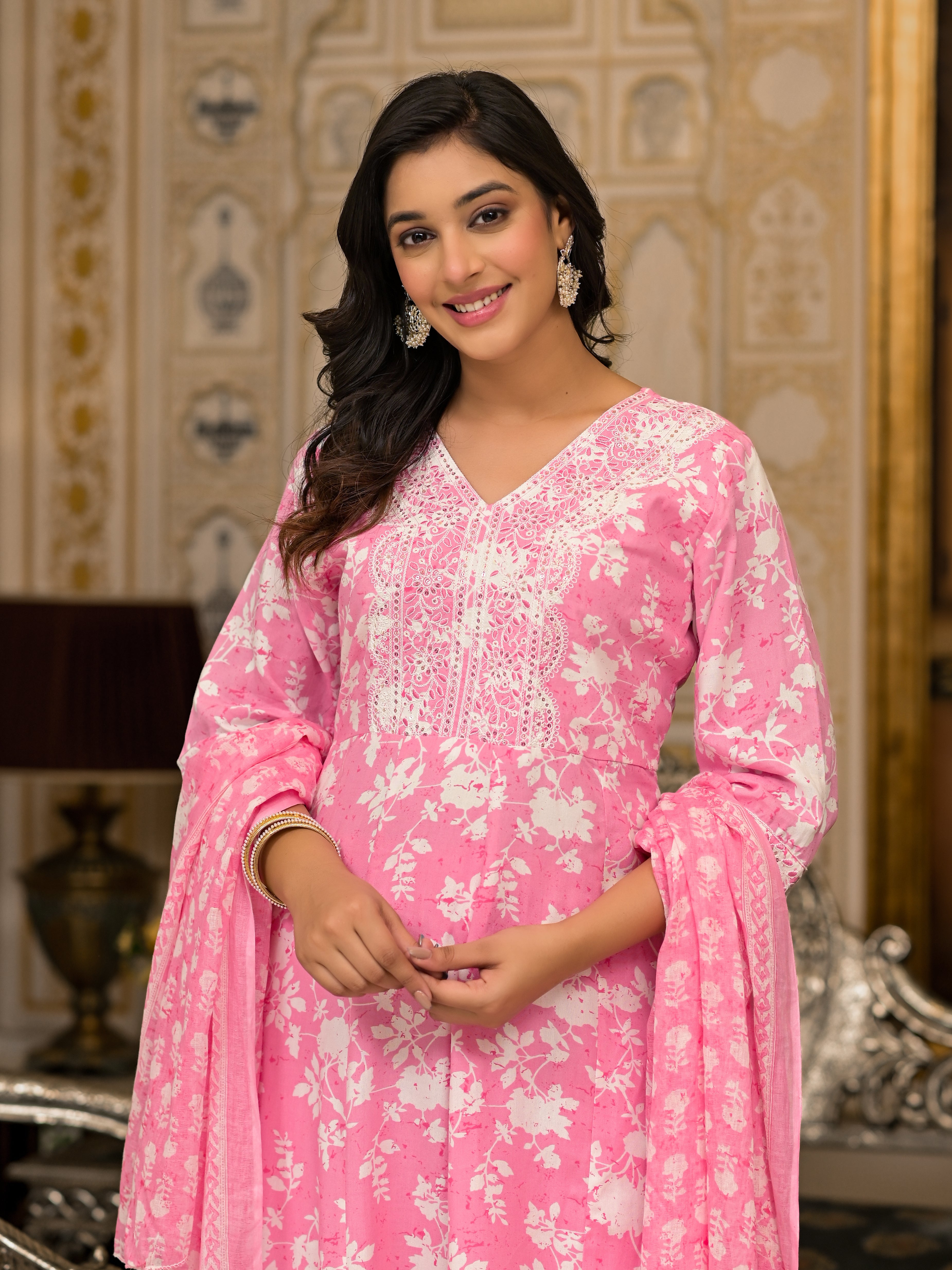 Juniper Pink Floral Printed Rayon Kurta, Pant And Dupatta Set With Thread & Sequins Work