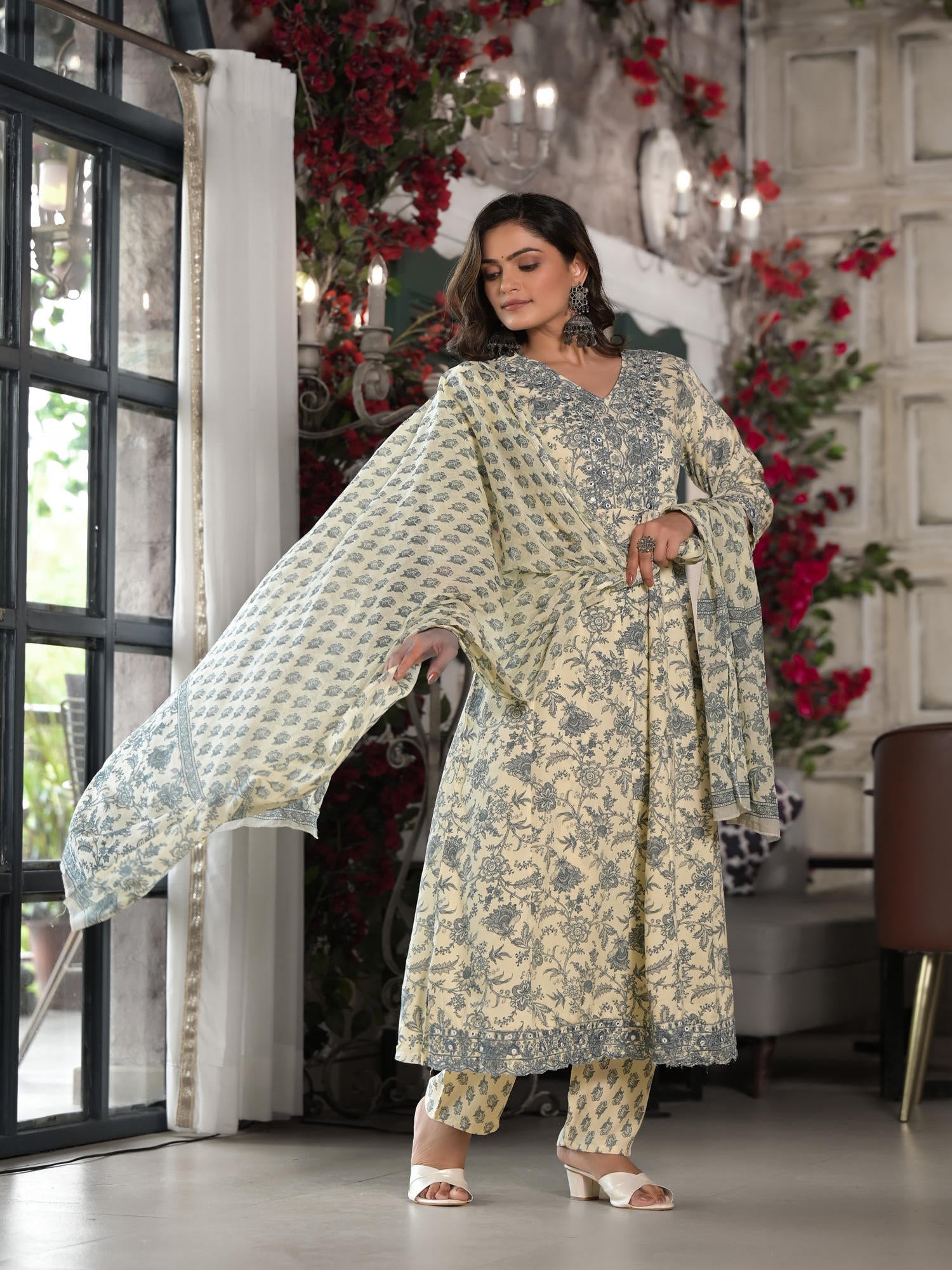 Juniper Grey Floral Printed Rayon Kurta, Pant And Dupatta Set With Mirror & Thread Work