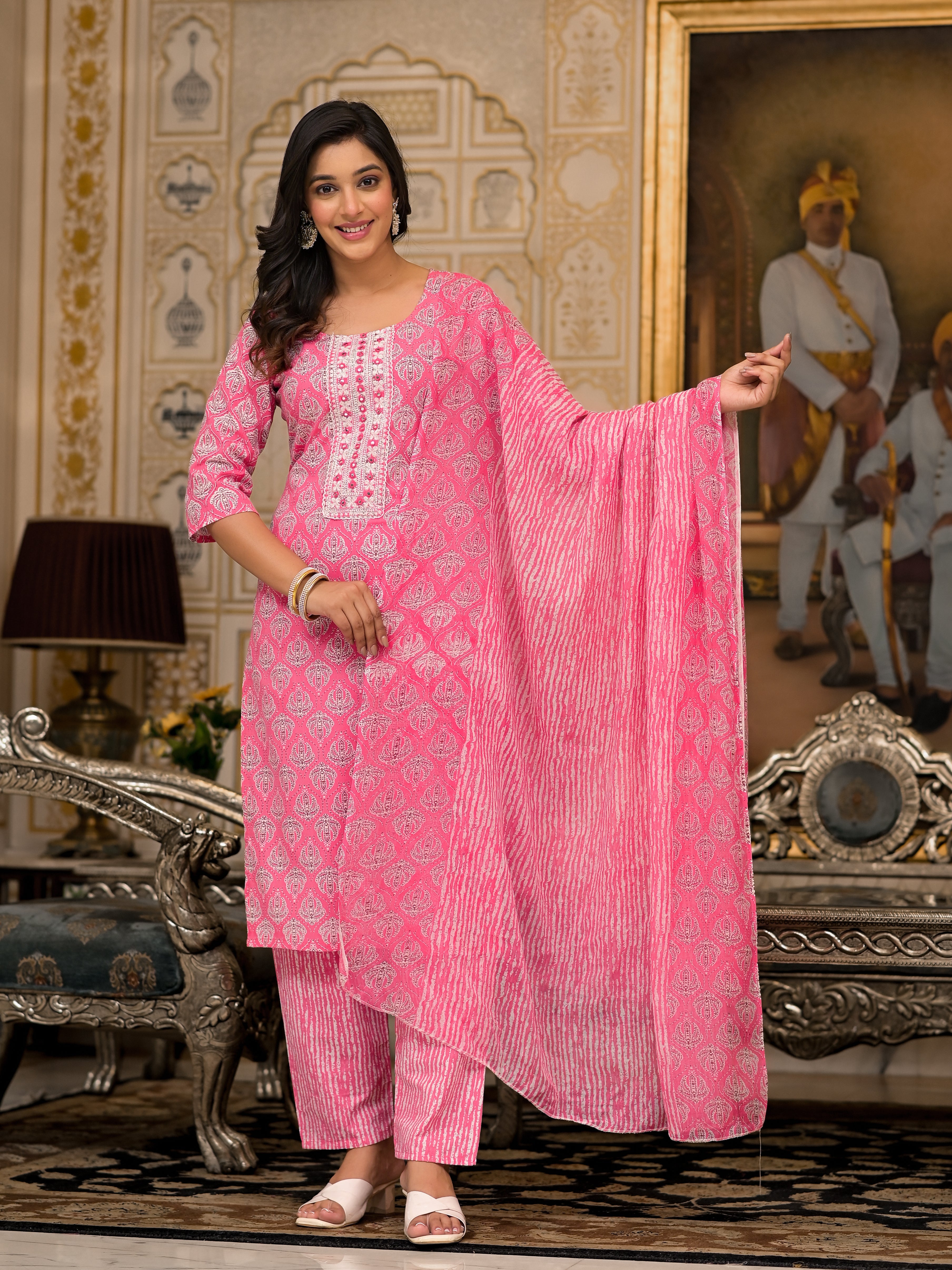 Juniper Pink Ethnic Motif Printed Cotton Kurta, Pant And Dupatta Set With Thread And Mirror Work