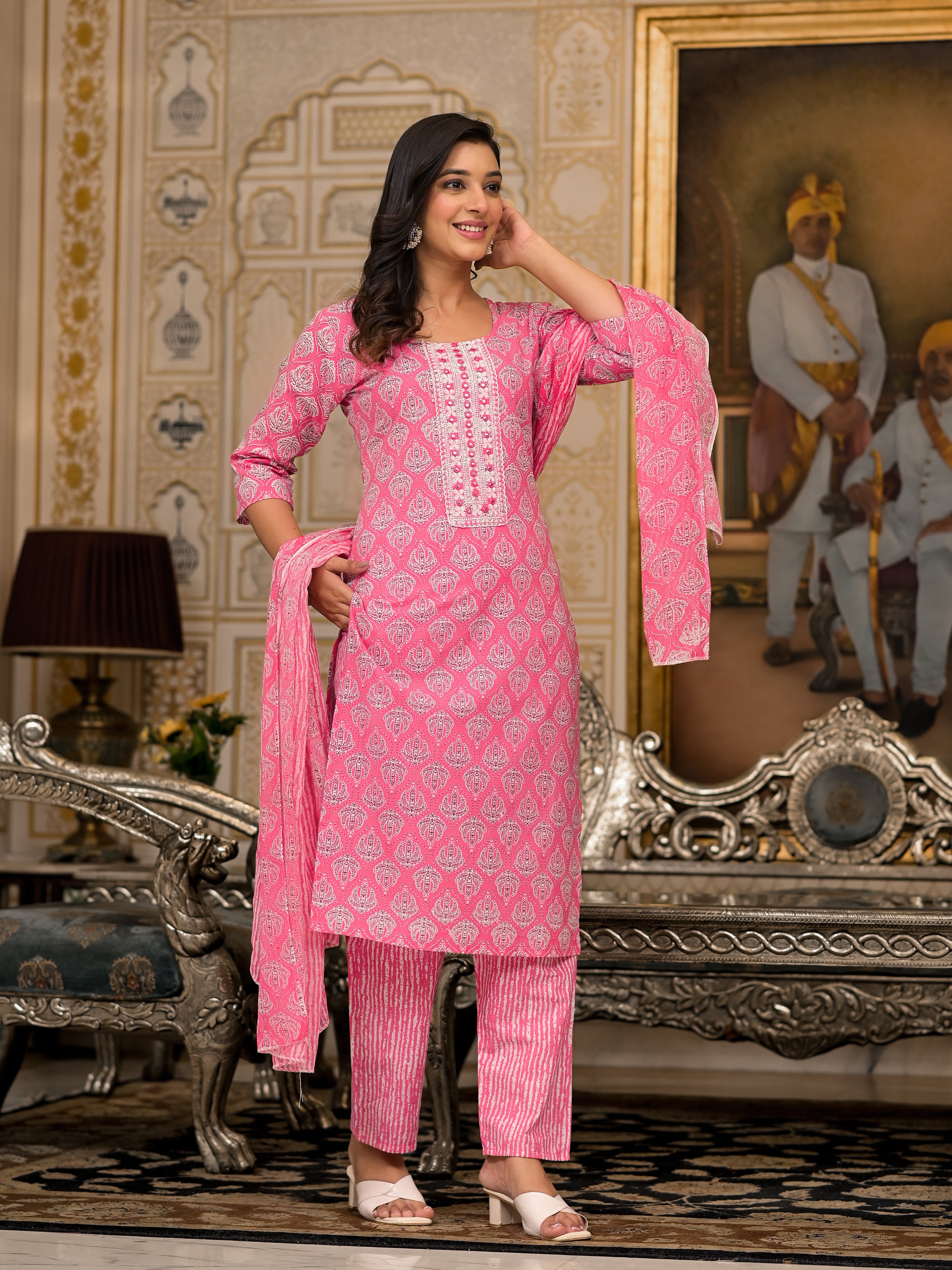 Juniper Pink Ethnic Motif Printed Cotton Kurta, Pant And Dupatta Set With Thread And Mirror Work