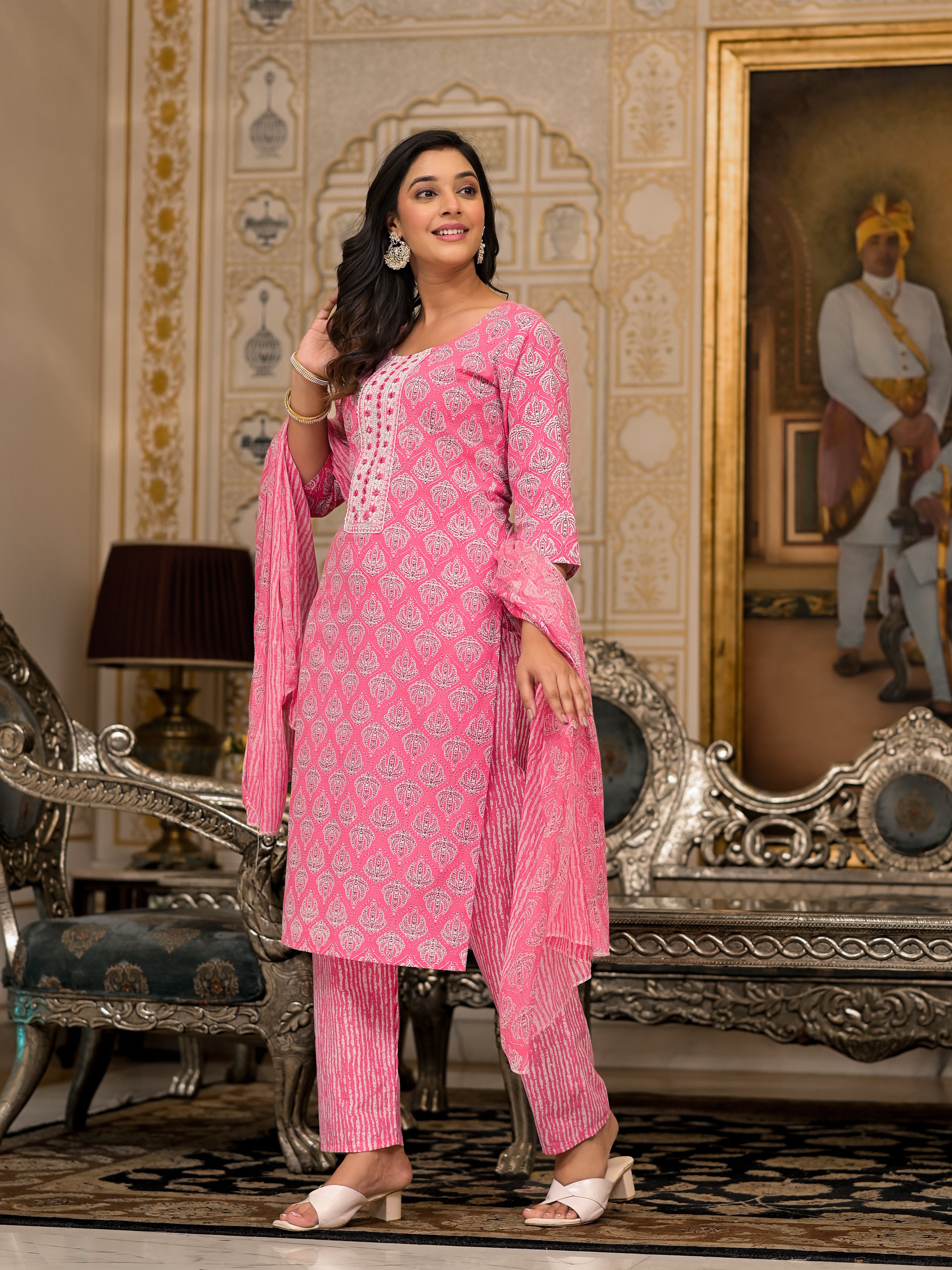 Juniper Pink Ethnic Motif Printed Cotton Kurta, Pant And Dupatta Set With Thread And Mirror Work