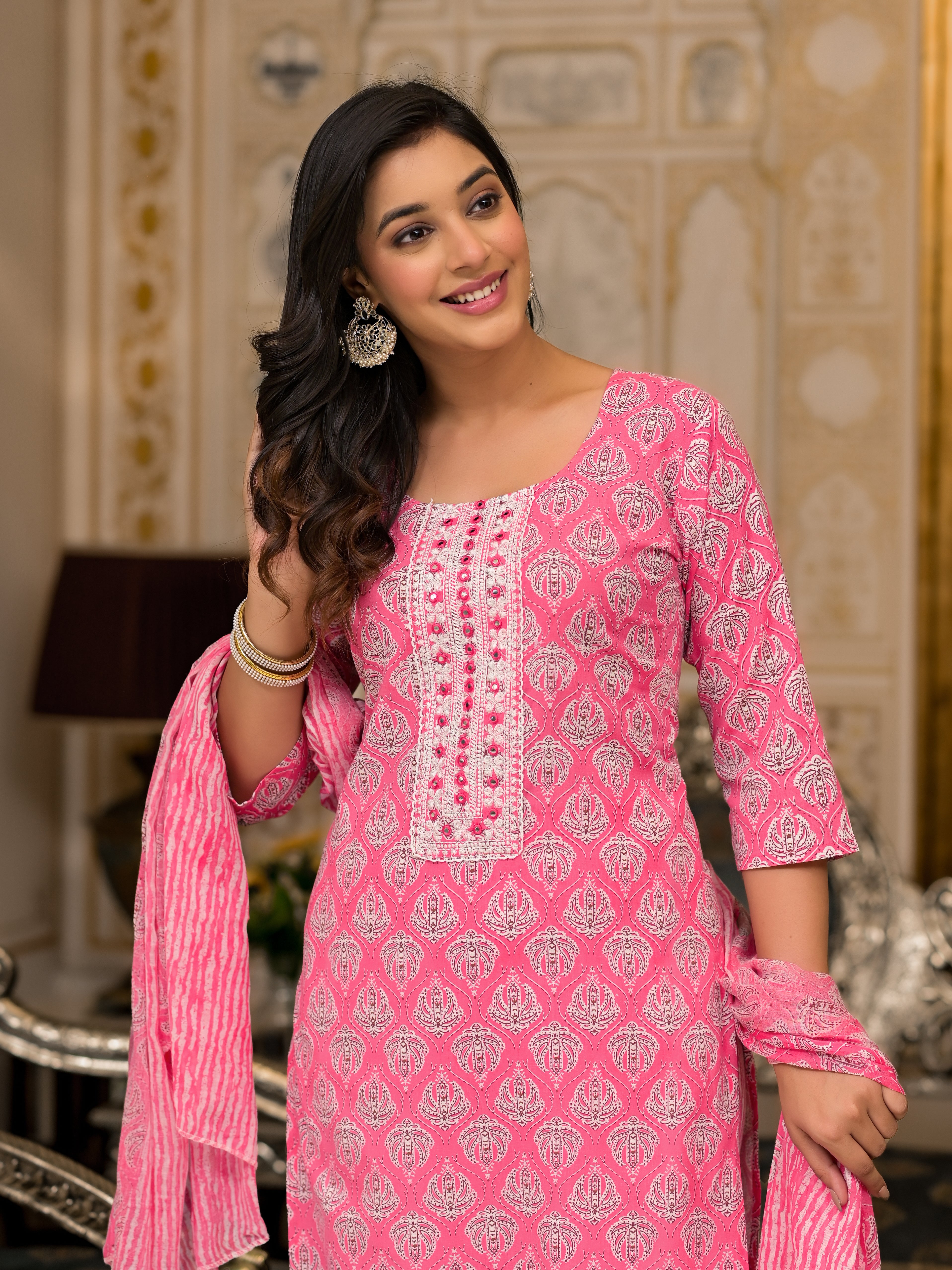 Juniper Pink Ethnic Motif Printed Cotton Kurta, Pant And Dupatta Set With Thread And Mirror Work